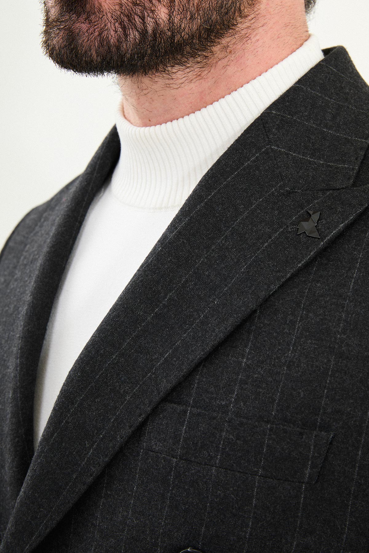 Çizgili Slim Fit Geniş Yaka Kruvaze Yün Erkek Ceket