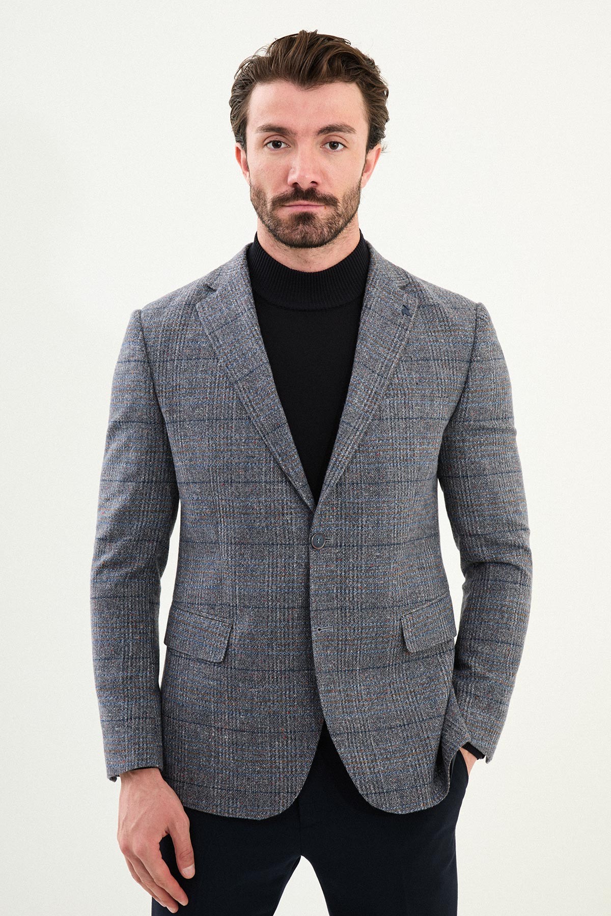 Ekoseli Slim Fit Mono Yaka Yün Erkek Ceket