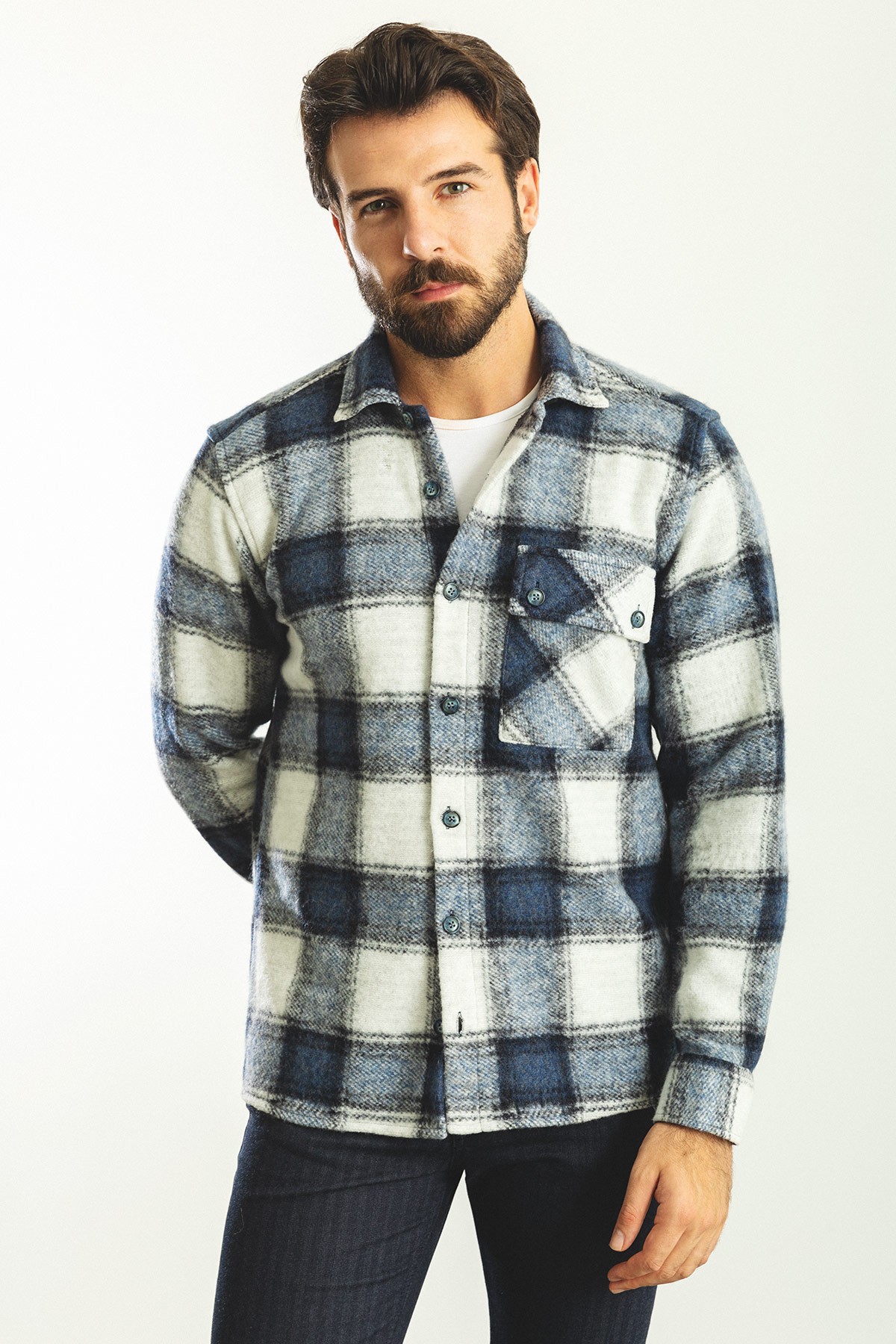 Ekoseli Slim Fit Yün Erkek Oduncu Gömlek