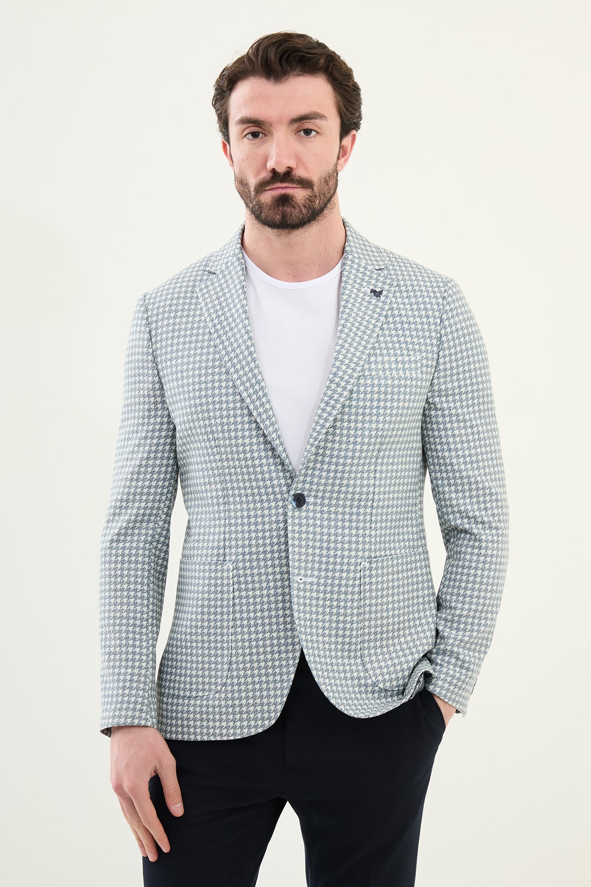 Kazayagı Desenli Slim Fit Torba Cep %100 Keten Erkek Ceket - Lacivert