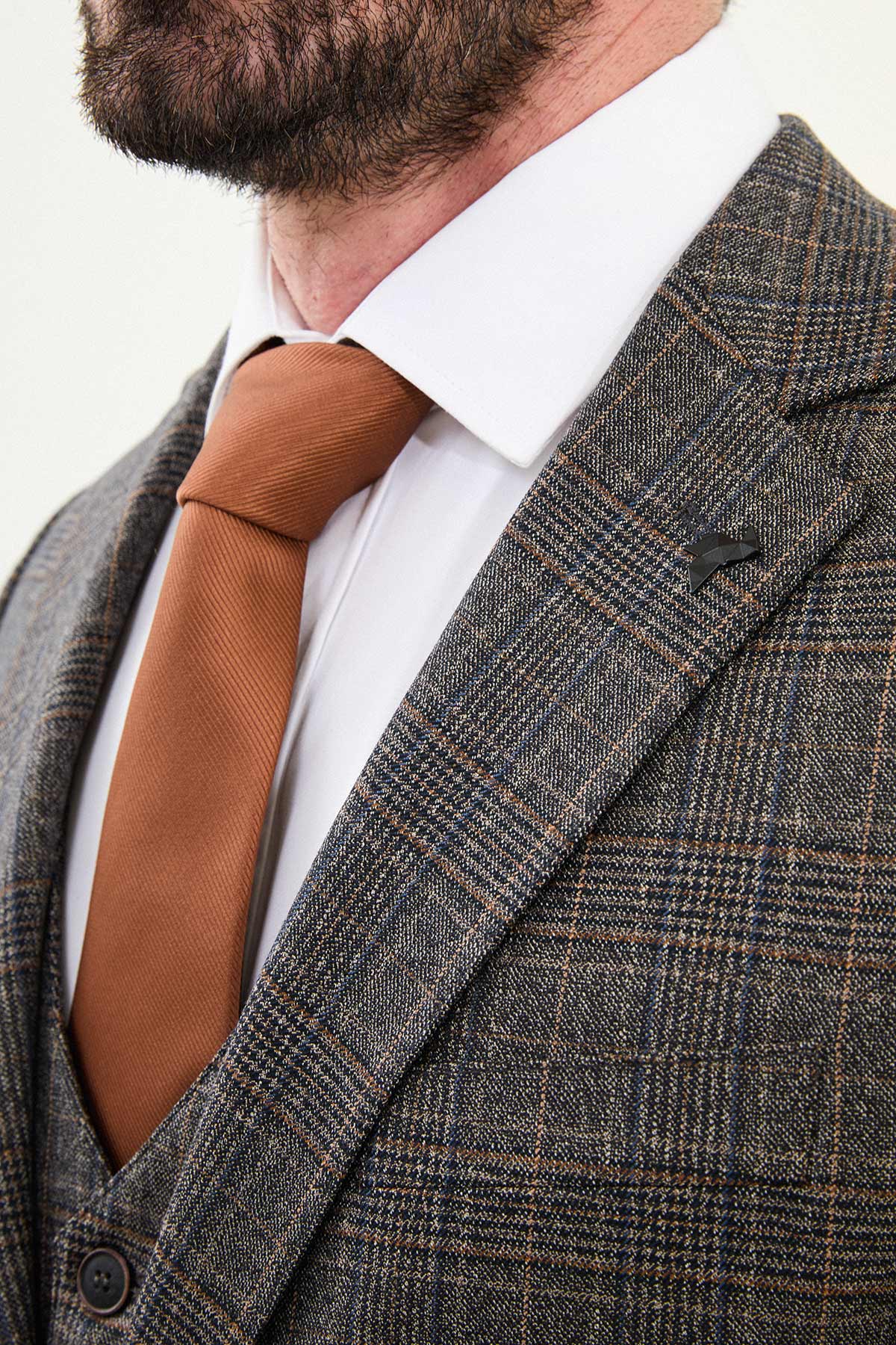 Ekoseli Slim Fit Mono Yaka Erkek Takım Elbise