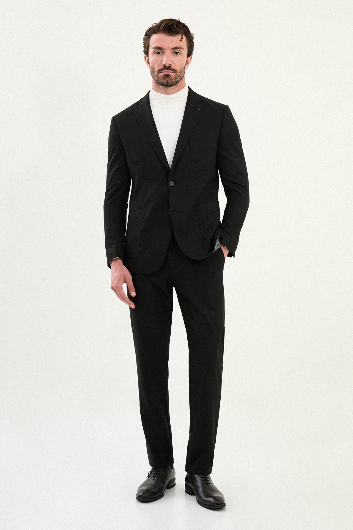 Düz Slim Fit Torba Cep Beli Lastikli İpli Yün Erkek Takım Elbise