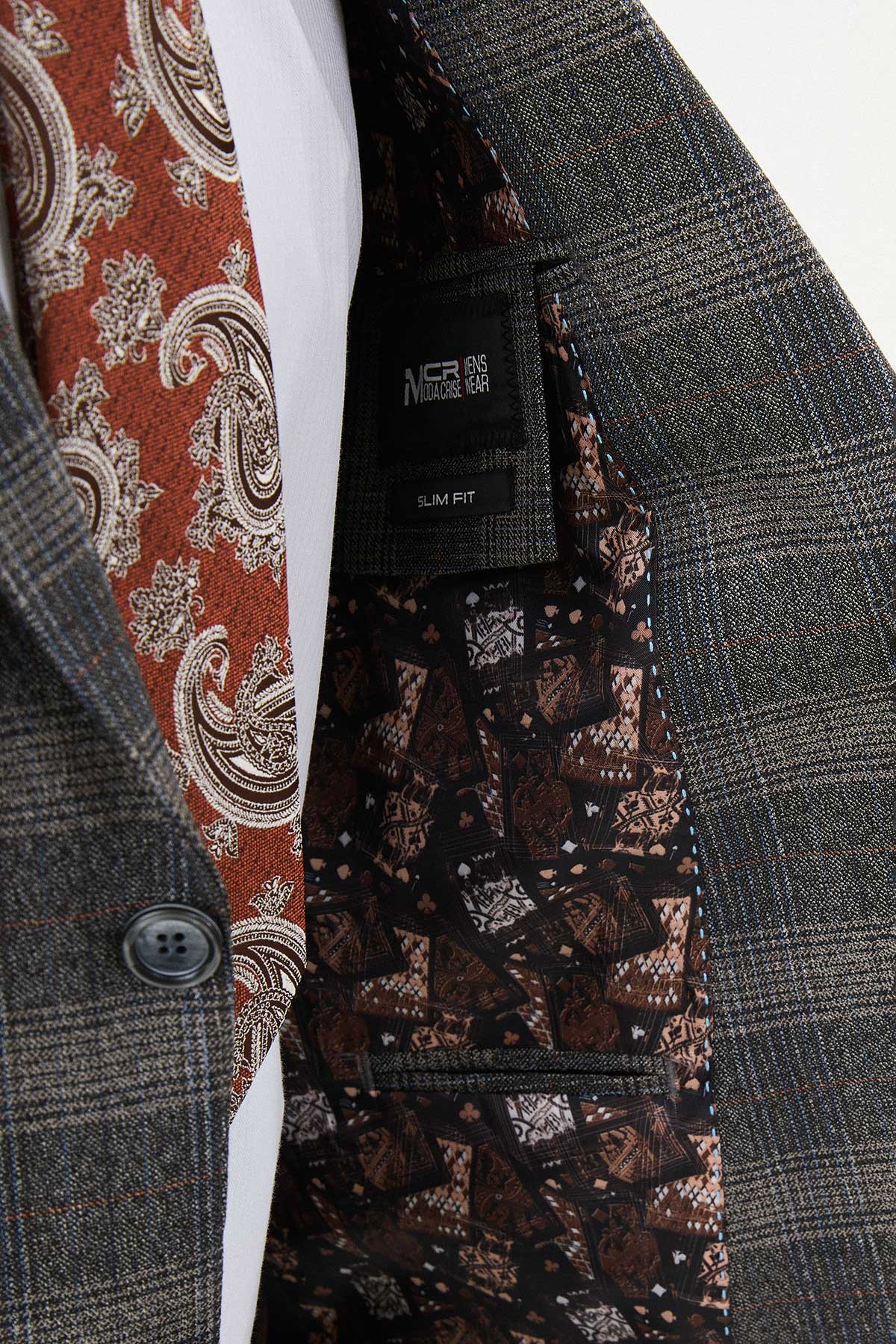 Ekoseli Slim Fit Mono Yaka Yün Erkek Ceket