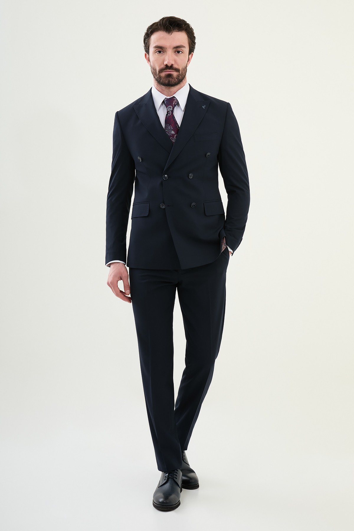Düz Slim Fit Geniş Yaka Kruvaze Erkek Takım Elbise