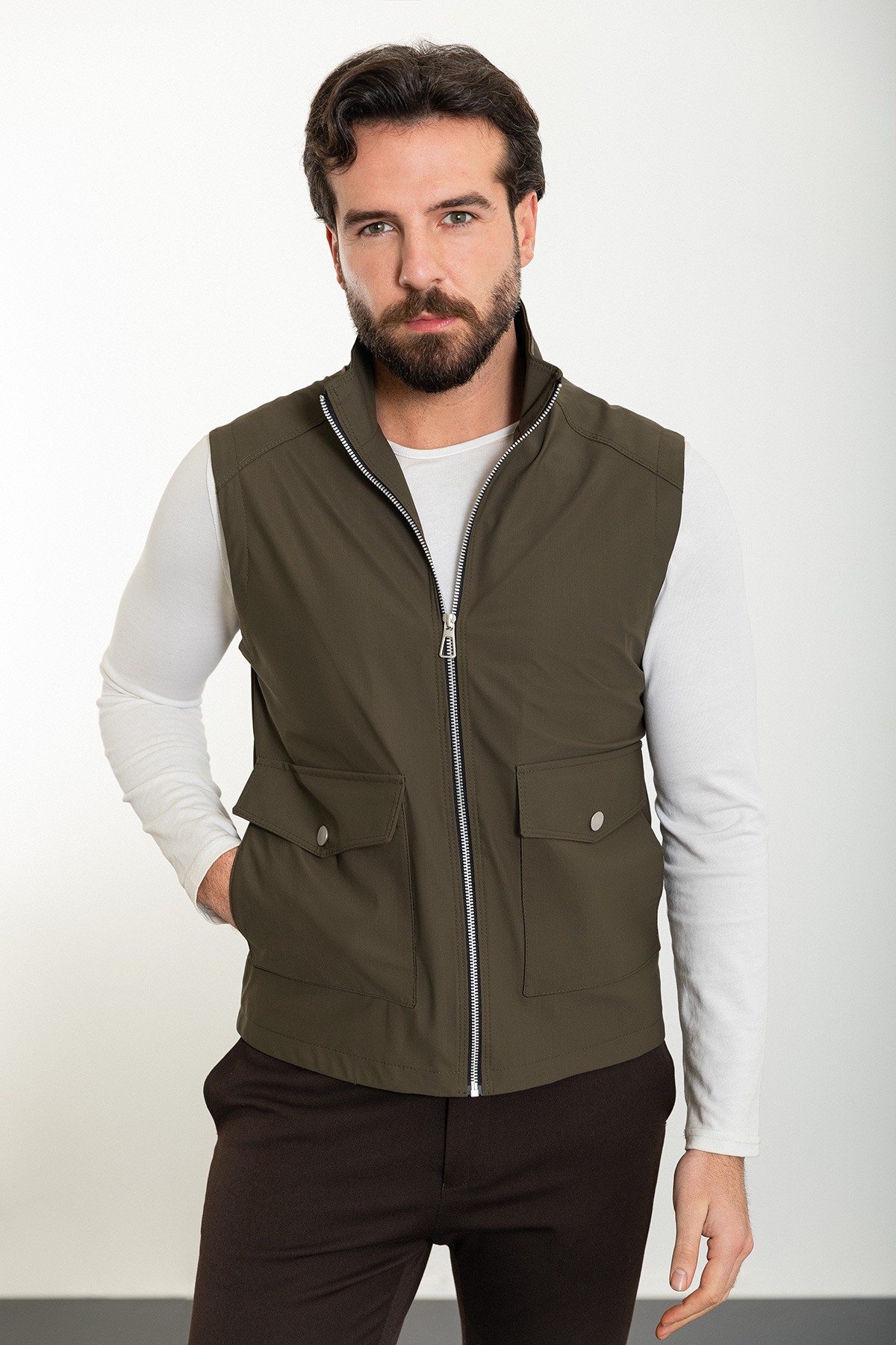 Düz Slim Fit Torba Cep Hakim Yaka Erkek Yelek - Haki