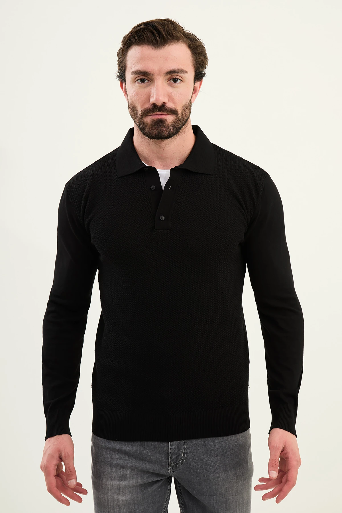 Örgü Desenli Slim Fit Polo Yaka Yün Erkek Triko Kazak - Siyah