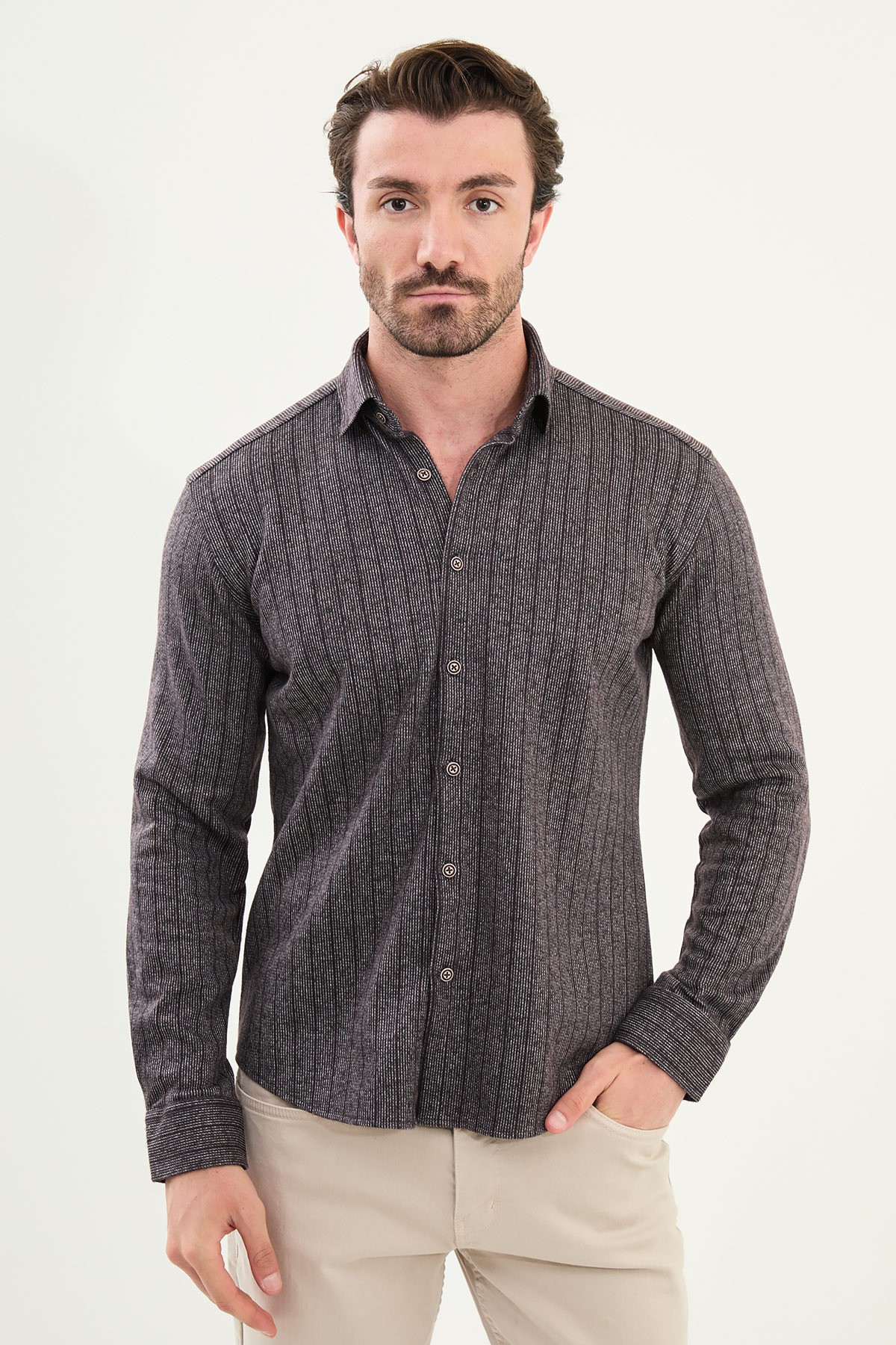 Çizgili Slim Fit Uzun Kollu Oduncu Yün Erkek Gömlek - Kahverengi