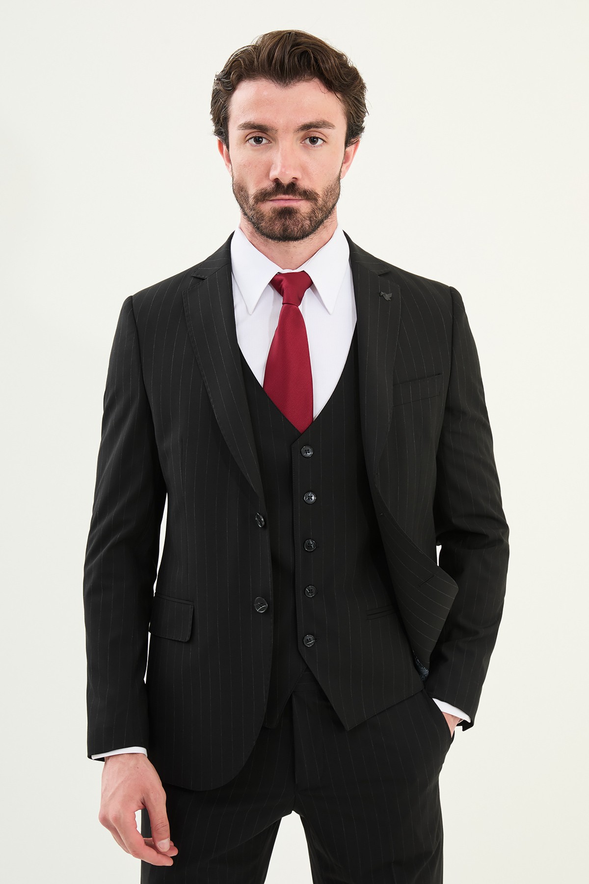 Çizgili Slim Fit Mono Yaka Yün Erkek Takım Elbise - Siyah