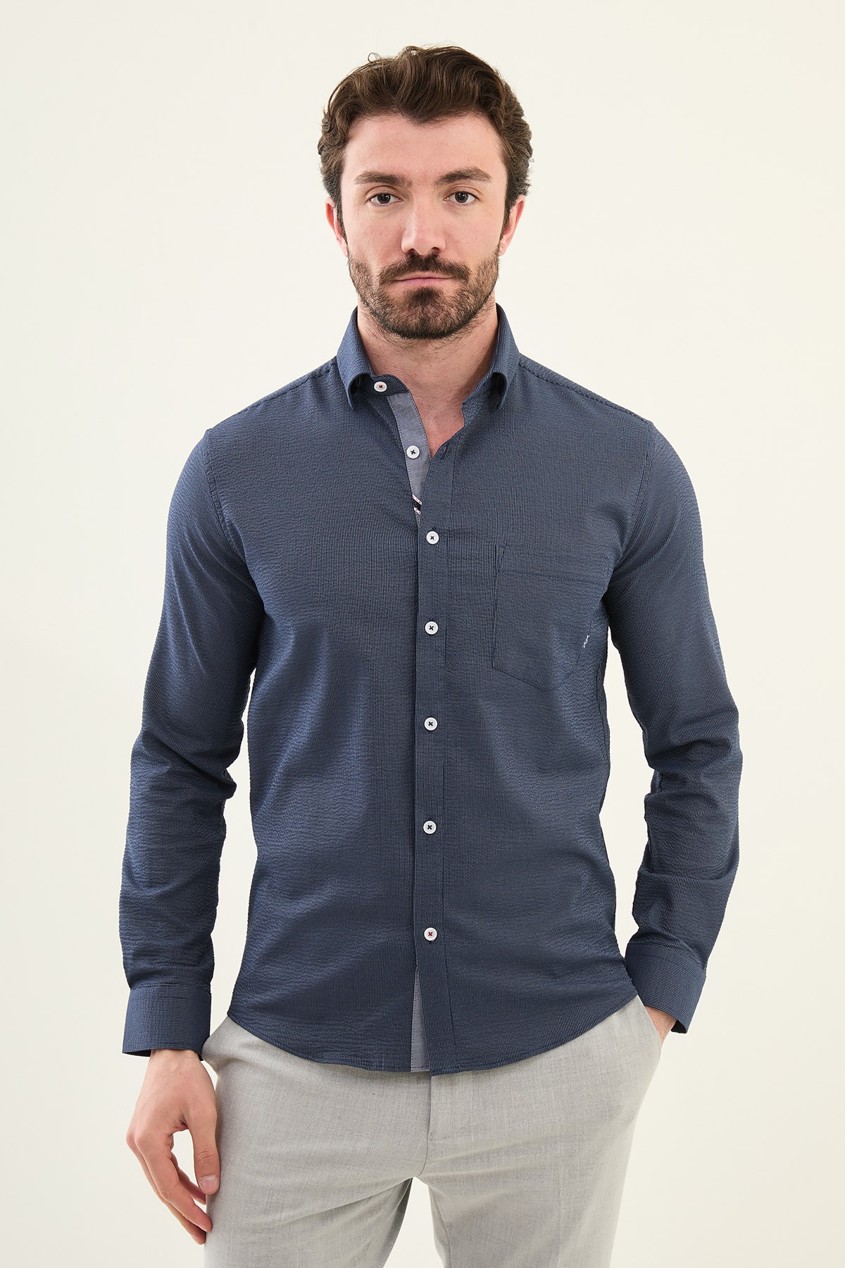 Desenli Slim Fit Pamuk Erkek Gömlek - Lacivert