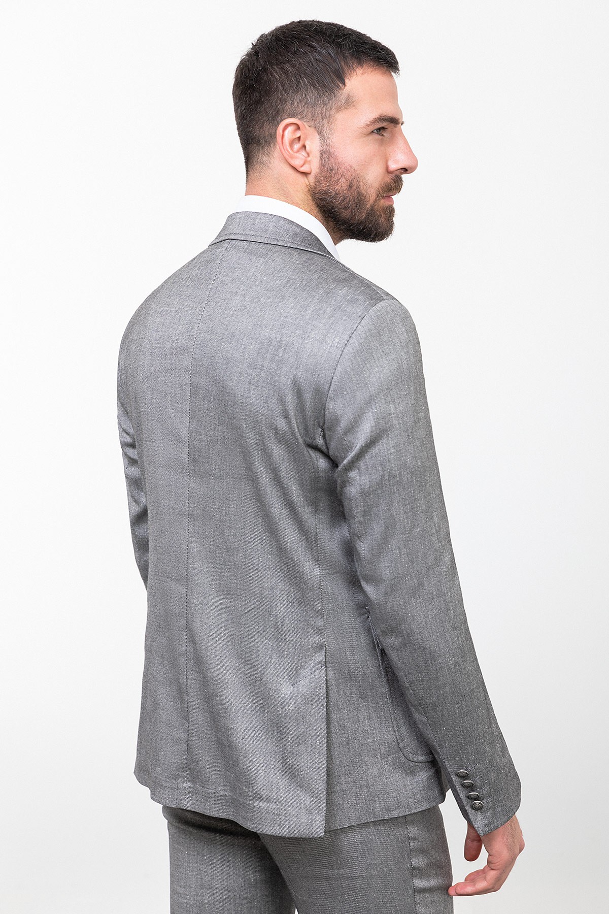 Kırçıllı Slim Fit Torba Cep Mono Yaka Keten Erkek Takım Elbise