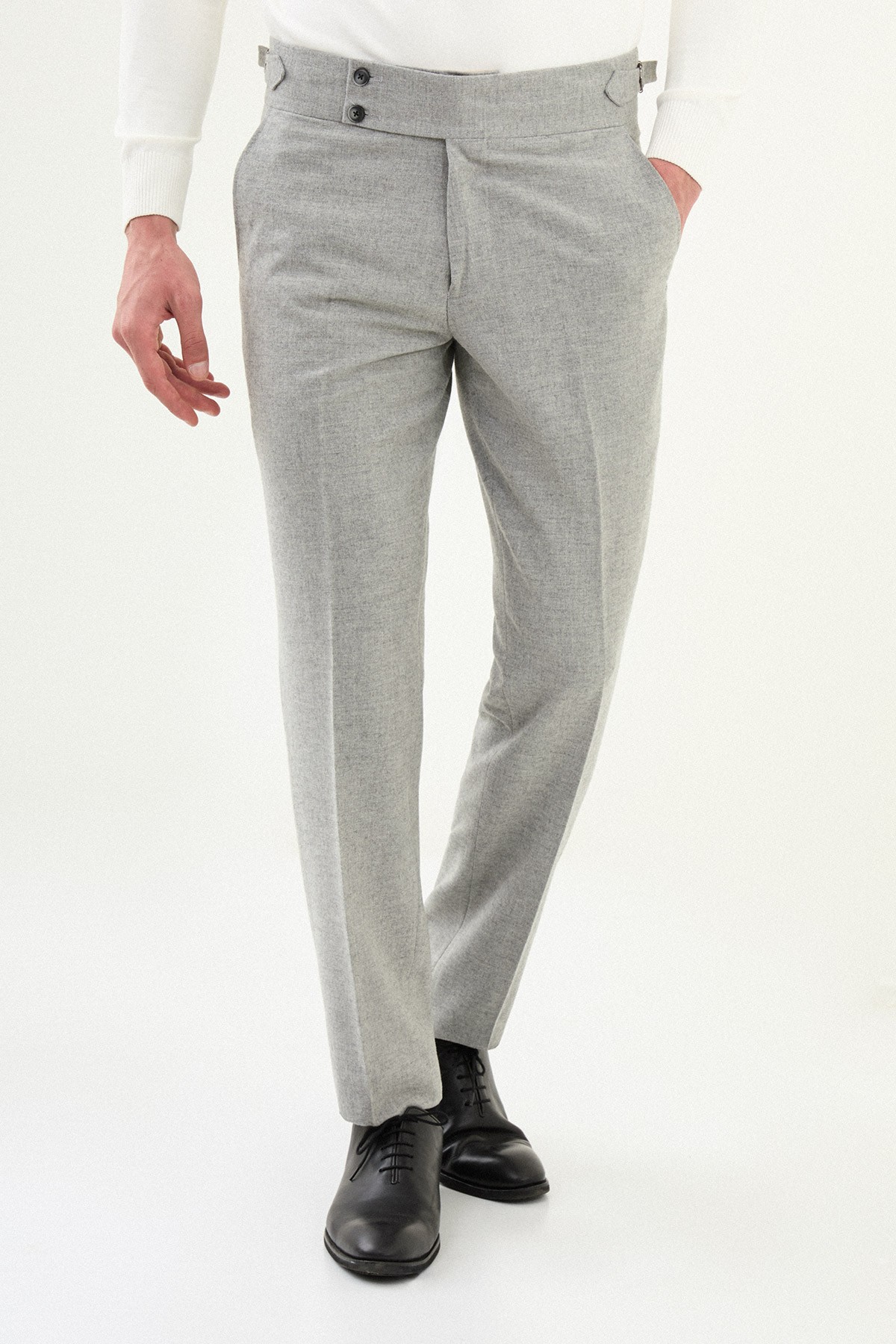 Dokulu Slim Fit Kemerli Yün Erkek Pantolon - Gri