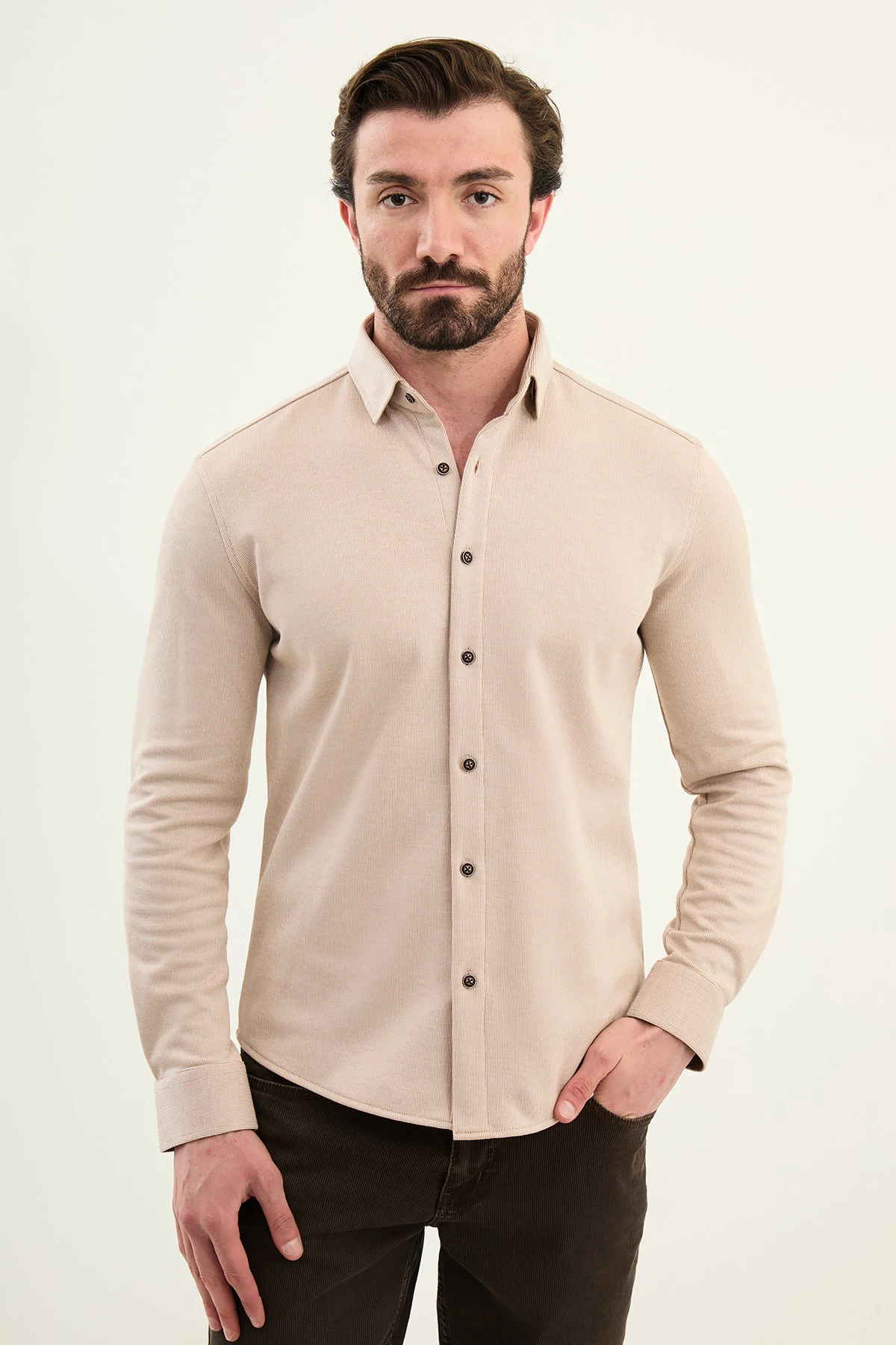Çizgili Slim Fit Yün Uzun Kollu Erkek Gömlek - Bej