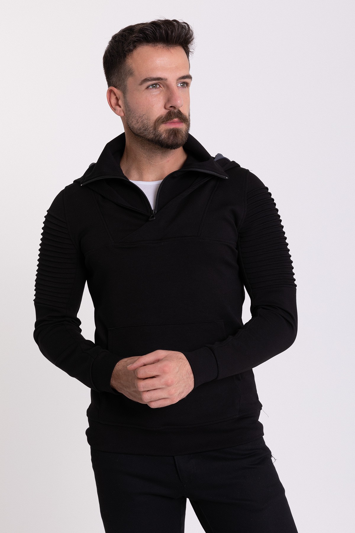 Fermuar Detaylı Slim Fit Kapüşonlu Erkek Sweatshirt