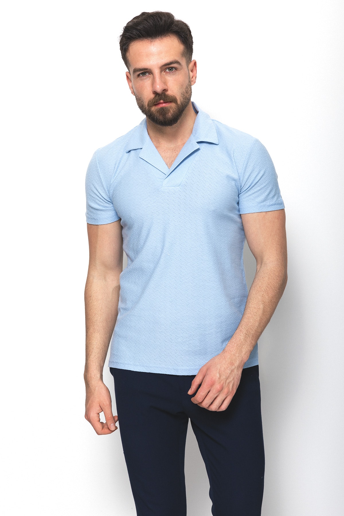 Desenli Slim Fit Apaç Yaka Erkek T-Shirt - Mavi