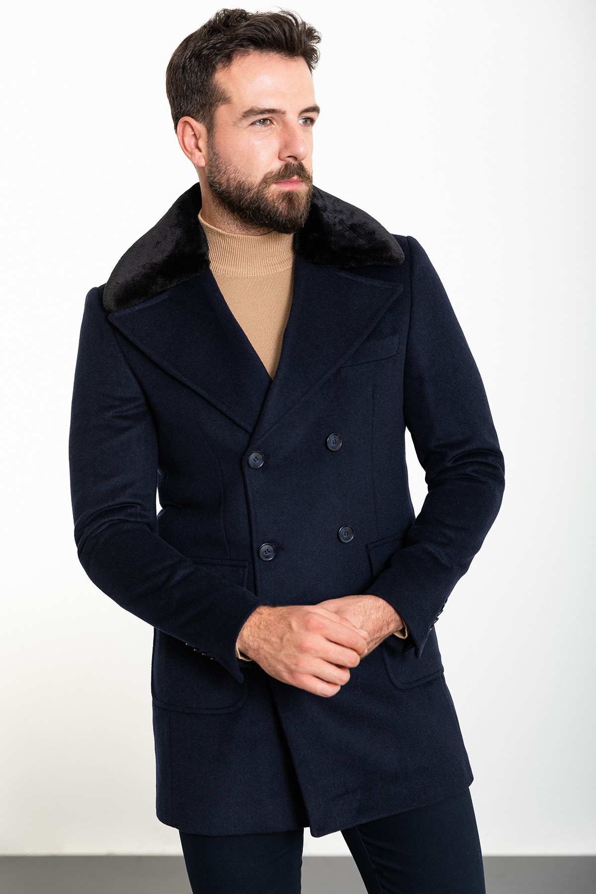 Desenli Slim Fit Torba Cep Kürklü Geniş Yaka Kruvaze Yün Erkek Kaban