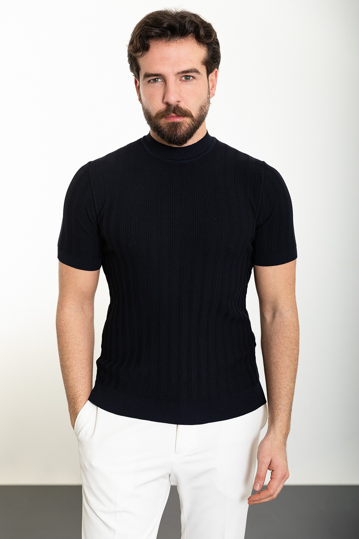Çizgili Slim Fit Yarım Balıkçı Yaka Erkek Triko T-Shirt - Lacivert