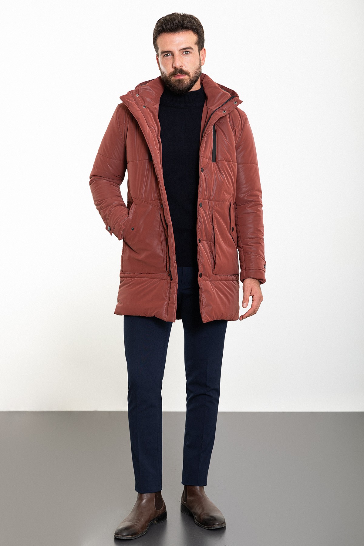 Düz Slim Fit Fermuar Detaylı Kapüşonlu Erkek Kaban