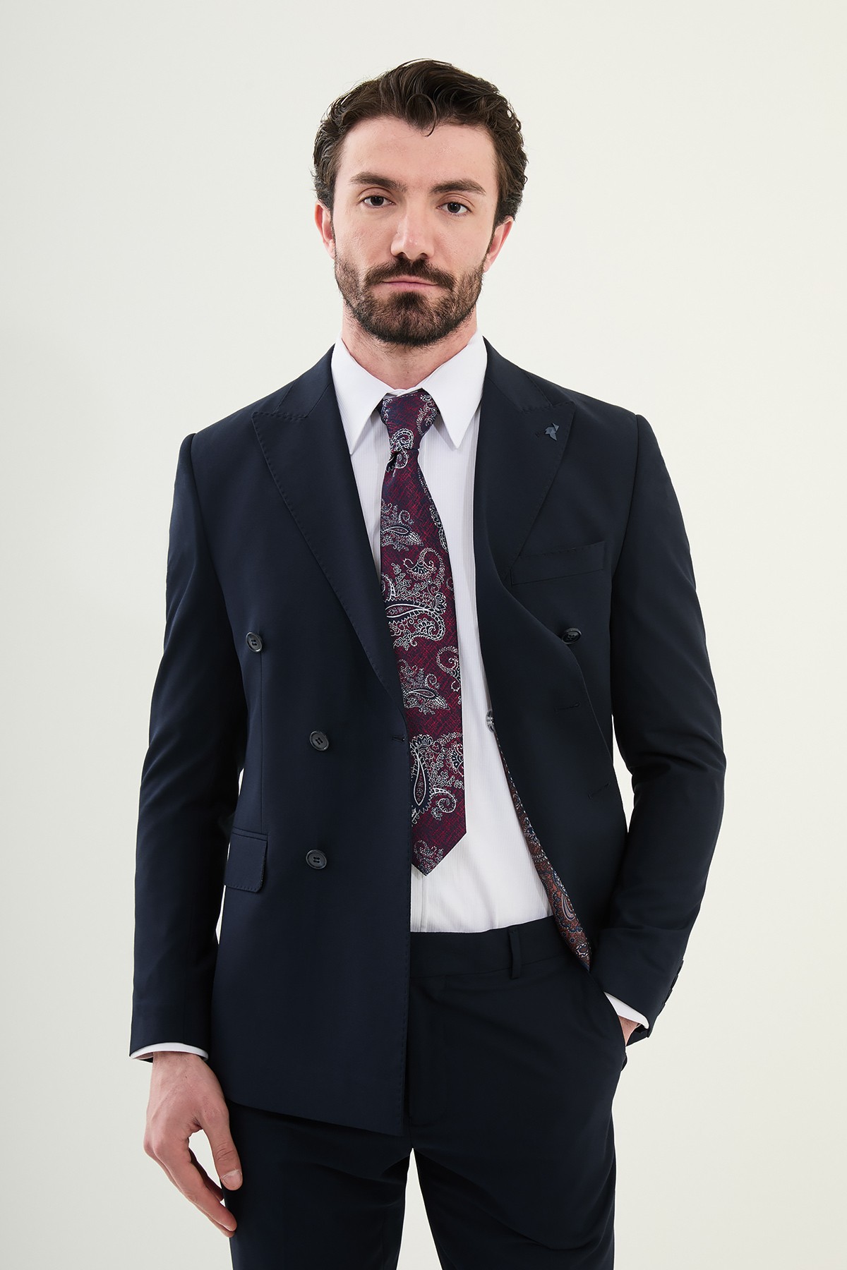 Düz Slim Fit Geniş Yaka Kruvaze Erkek Takım Elbise