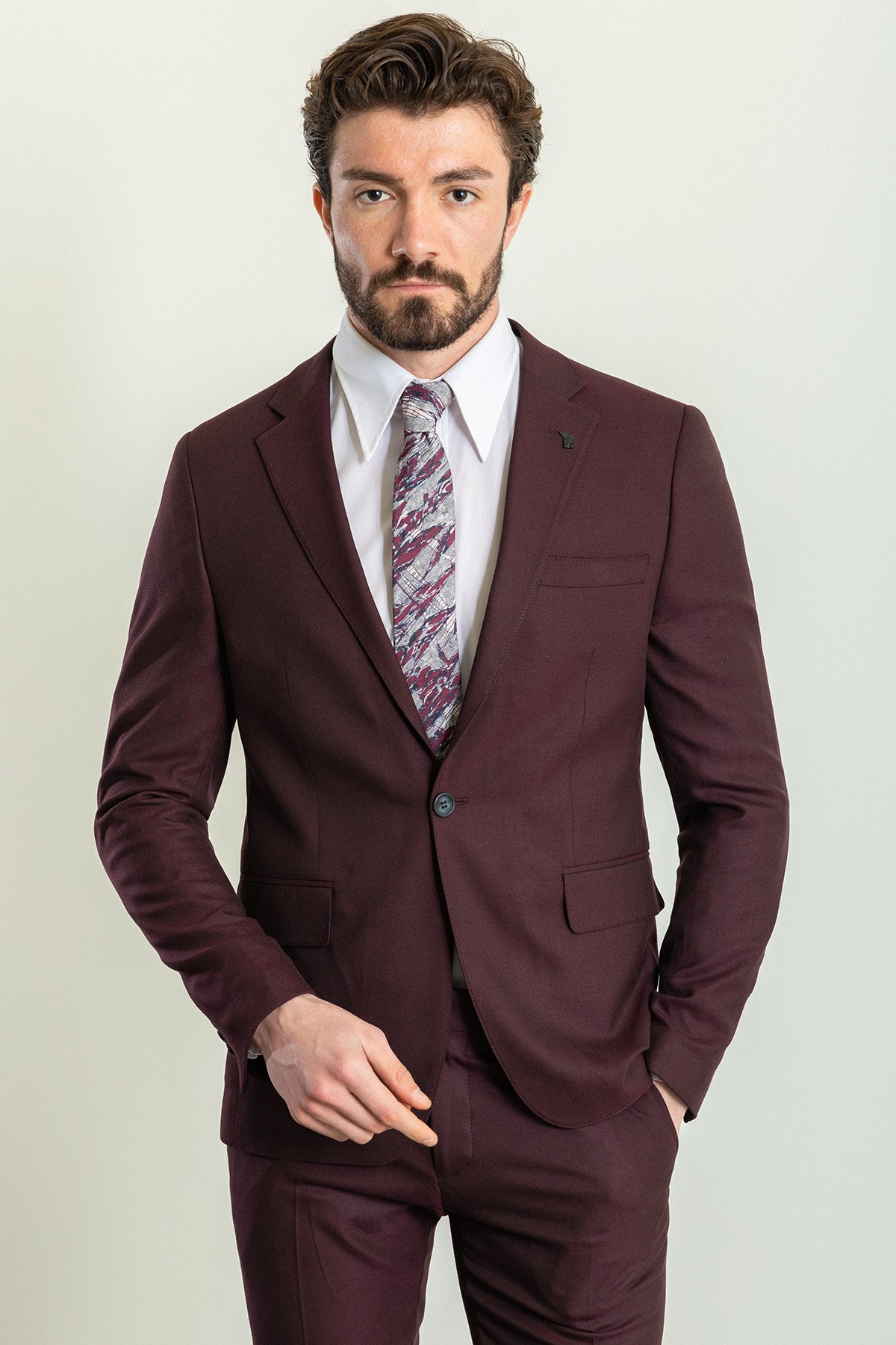 Düz Slim Fit Mono Yaka Keten Erkek Takım Elbise