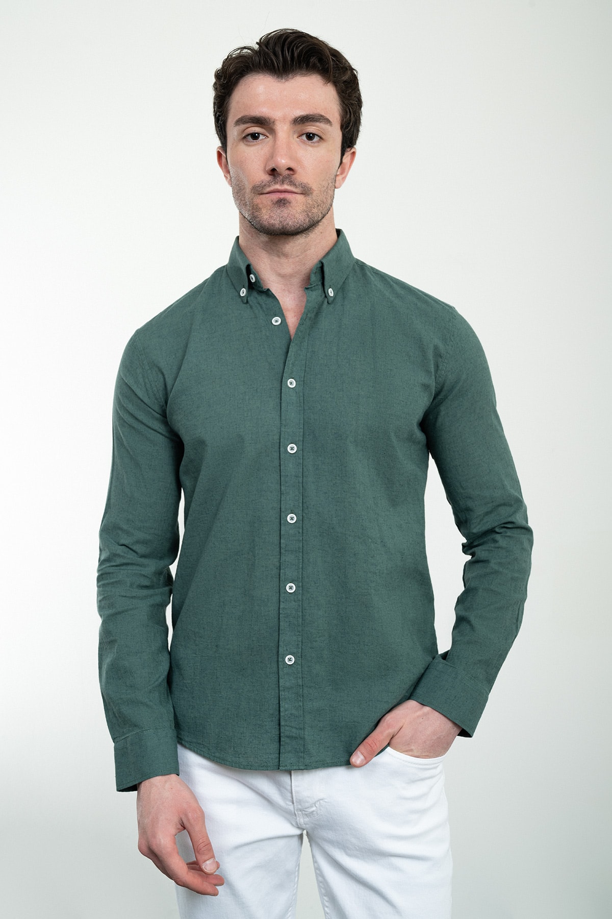 Düz Slim Fit Uzun Kollu Keten Erkek Gömlek - Haki