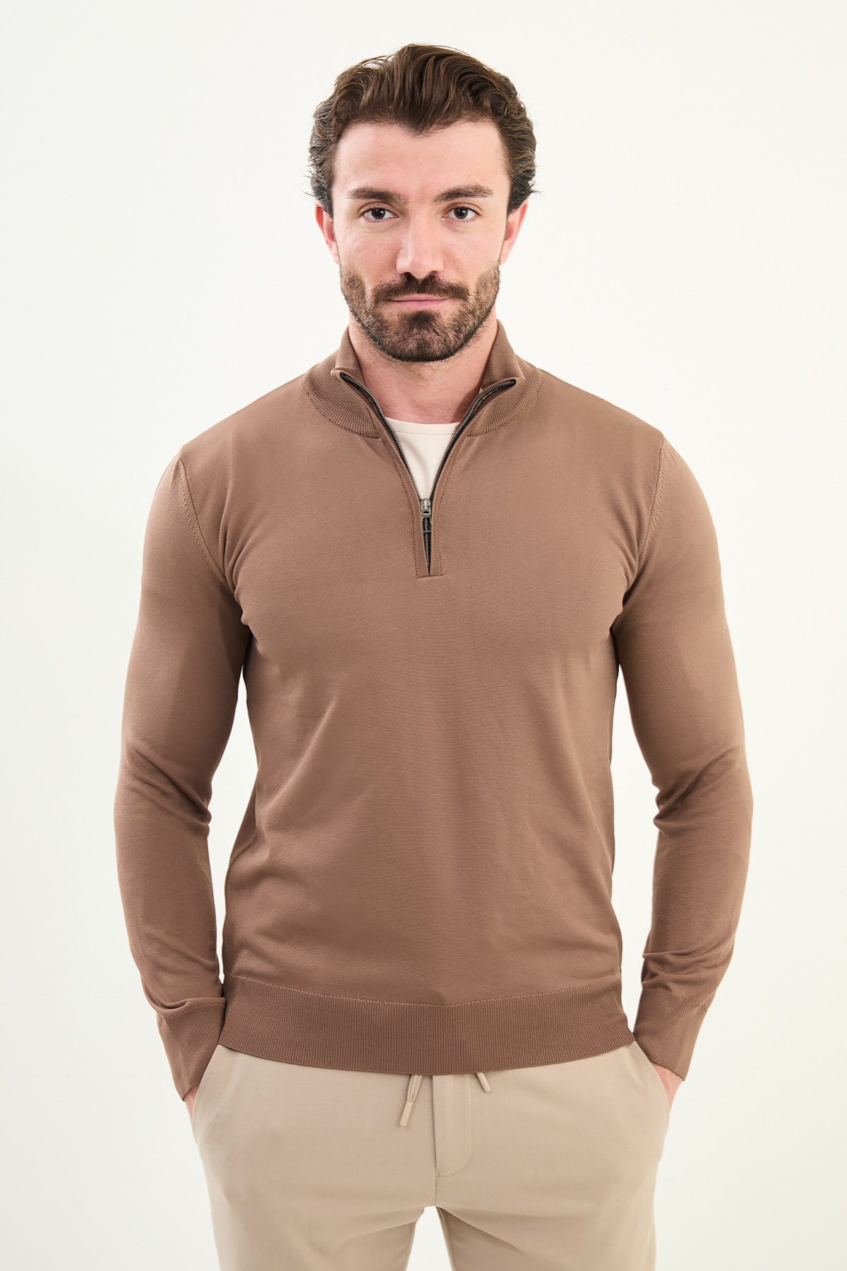 Düz Slim Fit Fermuarlı Yarım Balıkçı Erkek Triko Kazak - Açık Kahverengi