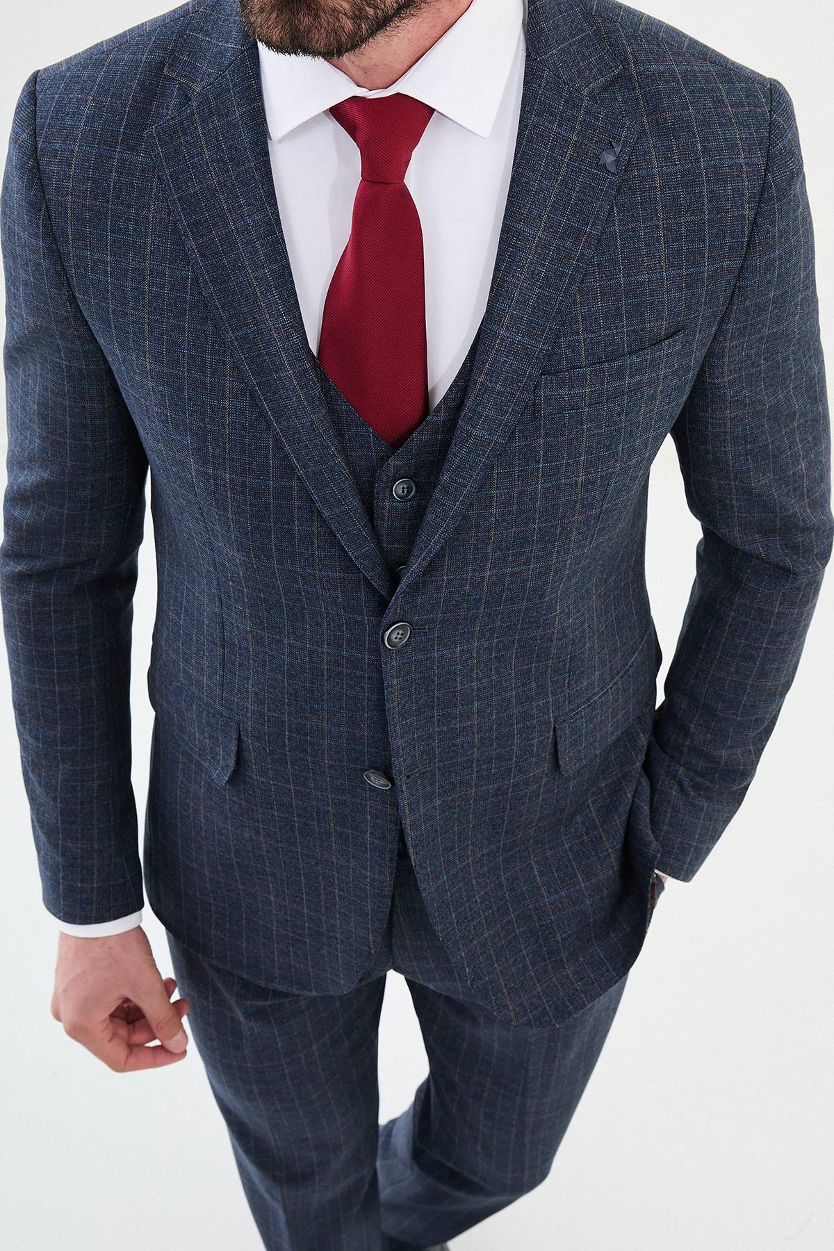 Kareli Slim Fit Mono Yaka Yün Erkek Takım Elbise