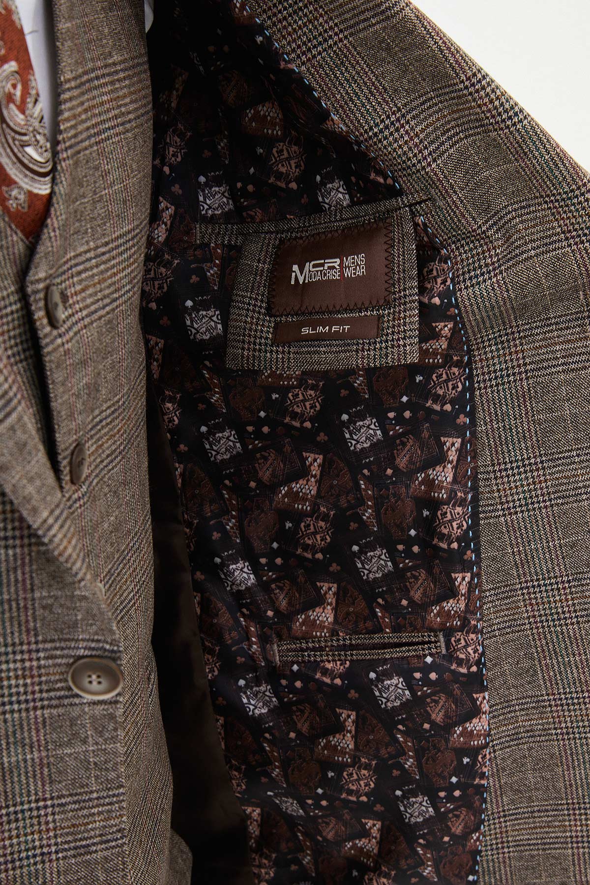 Ekoseli Slim Fit Mono Yaka Yün Erkek Takım Elbise