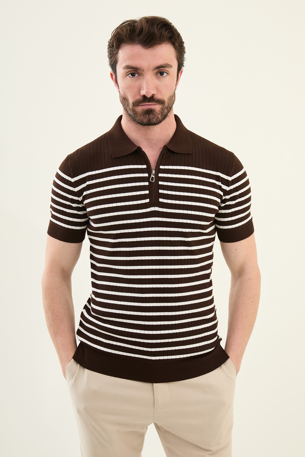Çizgili Slim Fit Fermuarlı Polo Yaka Erkek Triko T-Shirt - Kahverengi