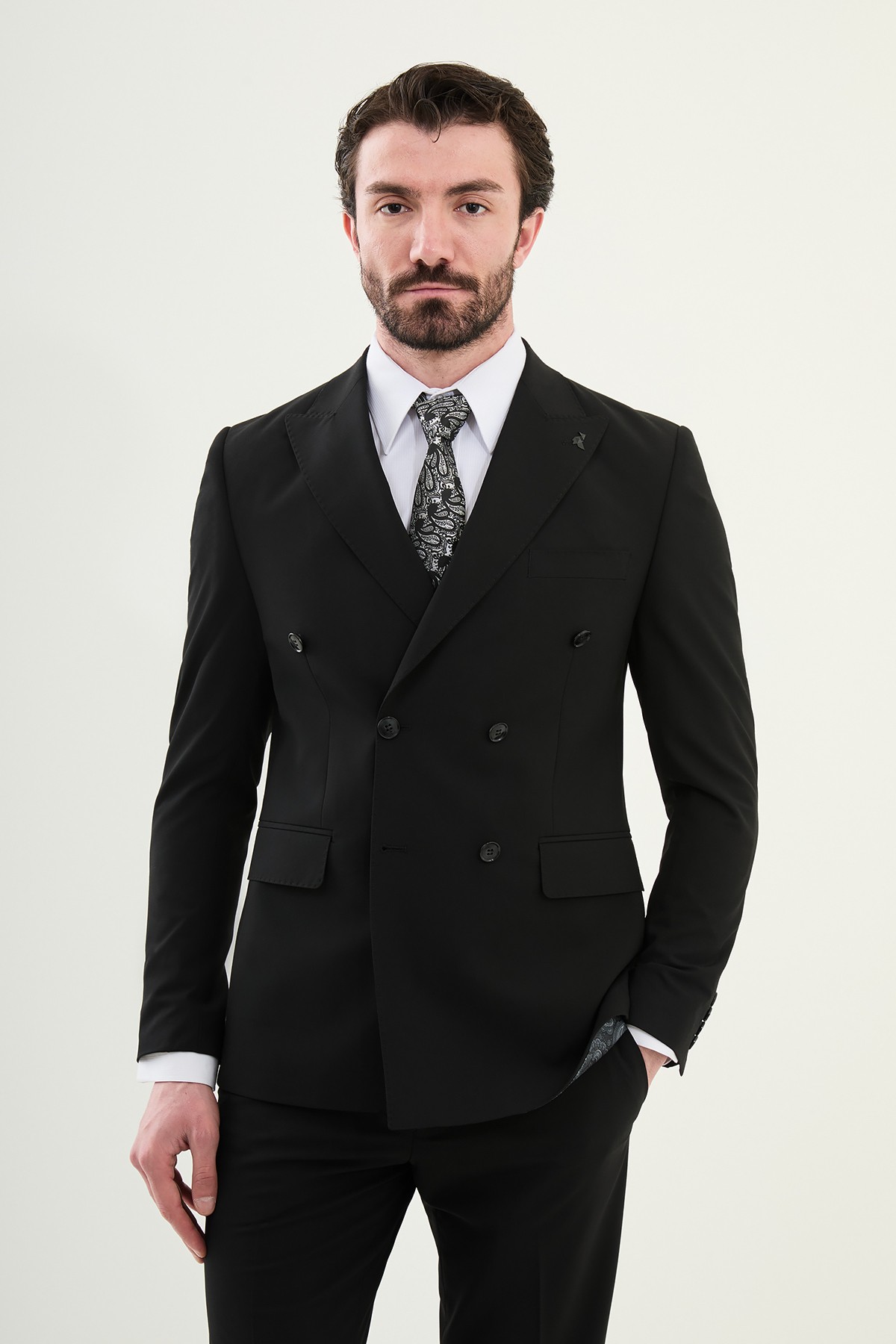 Düz Slim Fit Geniş Yaka Kruvaze Erkek Takım Elbise