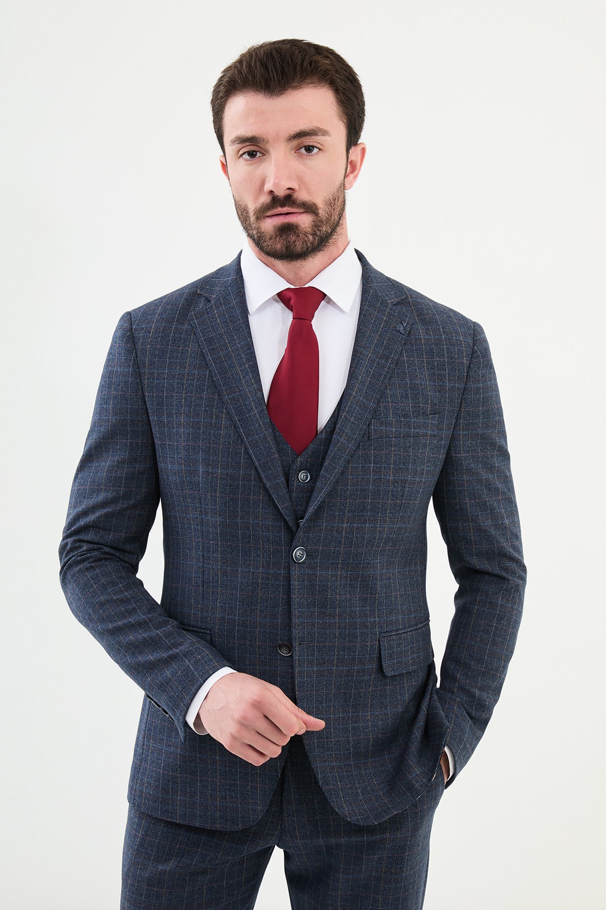 Kareli Slim Fit Mono Yaka Yün Erkek Takım Elbise - Lacivert