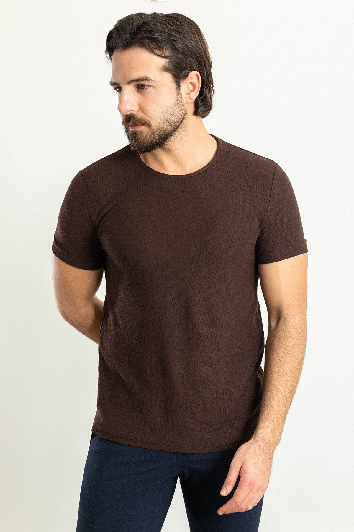 Desenli Slim Fit Bisiklet Yaka Erkek T-Shirt