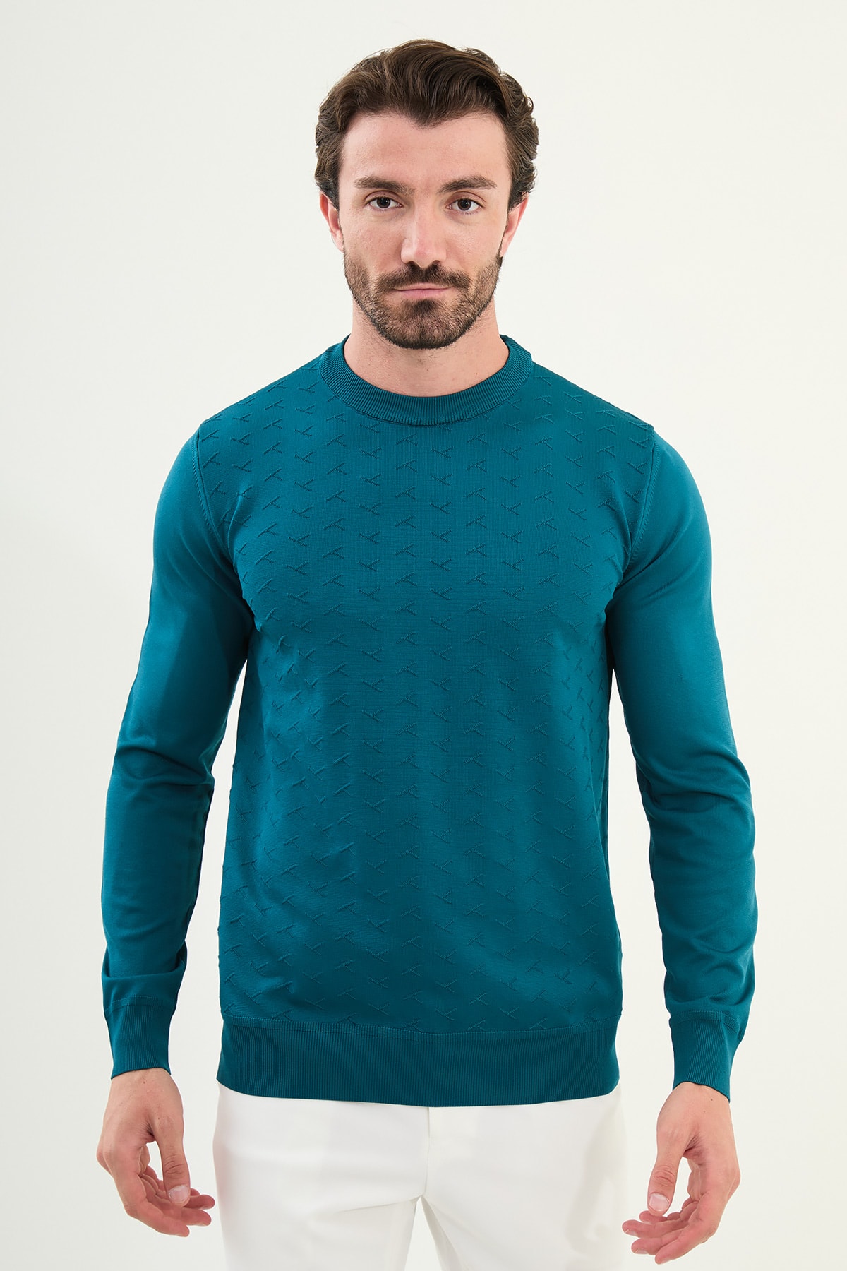 Desenli Slim Fit Bisiklet Yaka Erkek Triko Kazak - Petrol