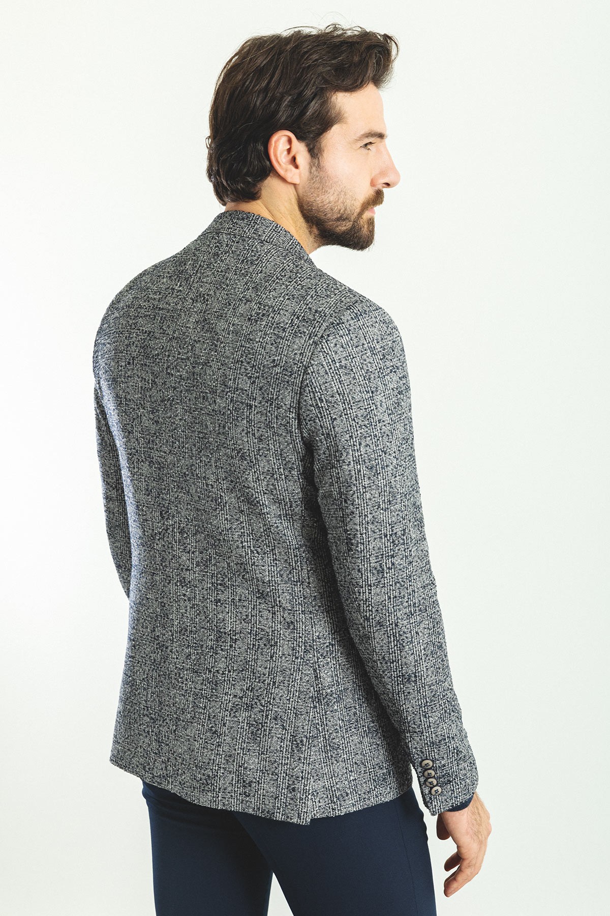 Ekoseli Slim Fit Mono Yaka Yün Erkek Ceket