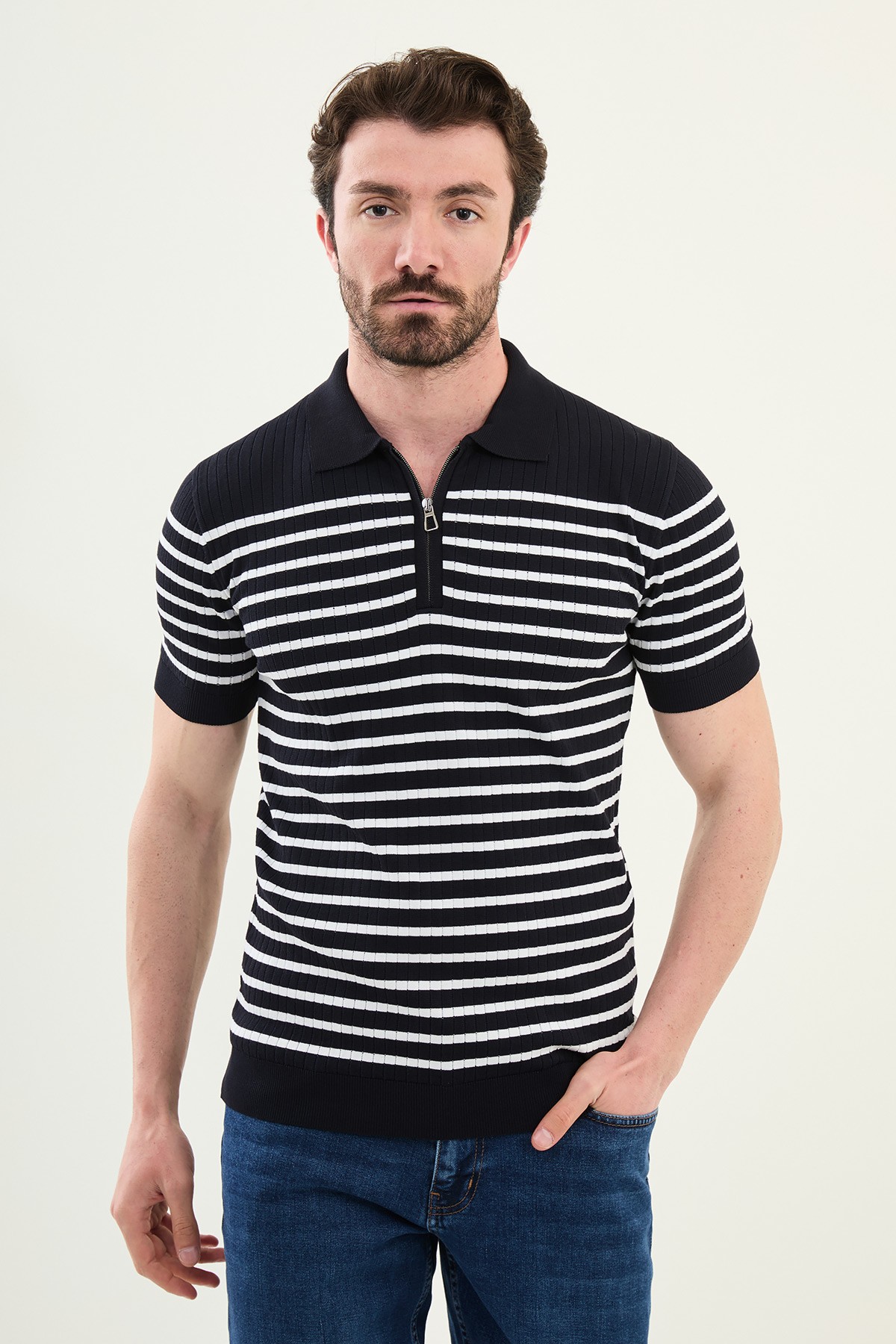 Çizgili Slim Fit Fermuarlı Polo Yaka Erkek Triko T-Shirt - Lacivert