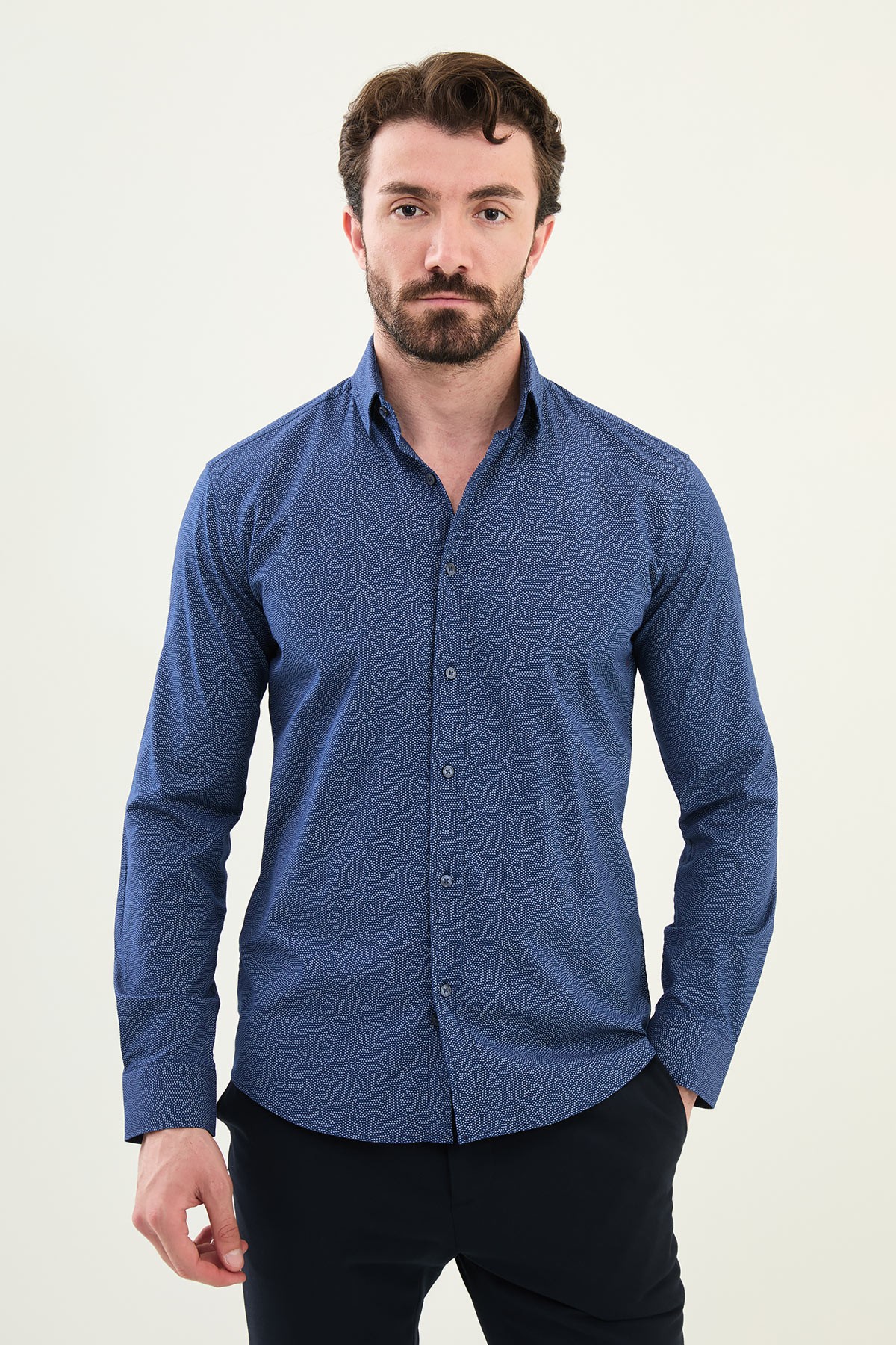 Desenli Slim Fit Pamuk Erkek Gömlek - İndigo