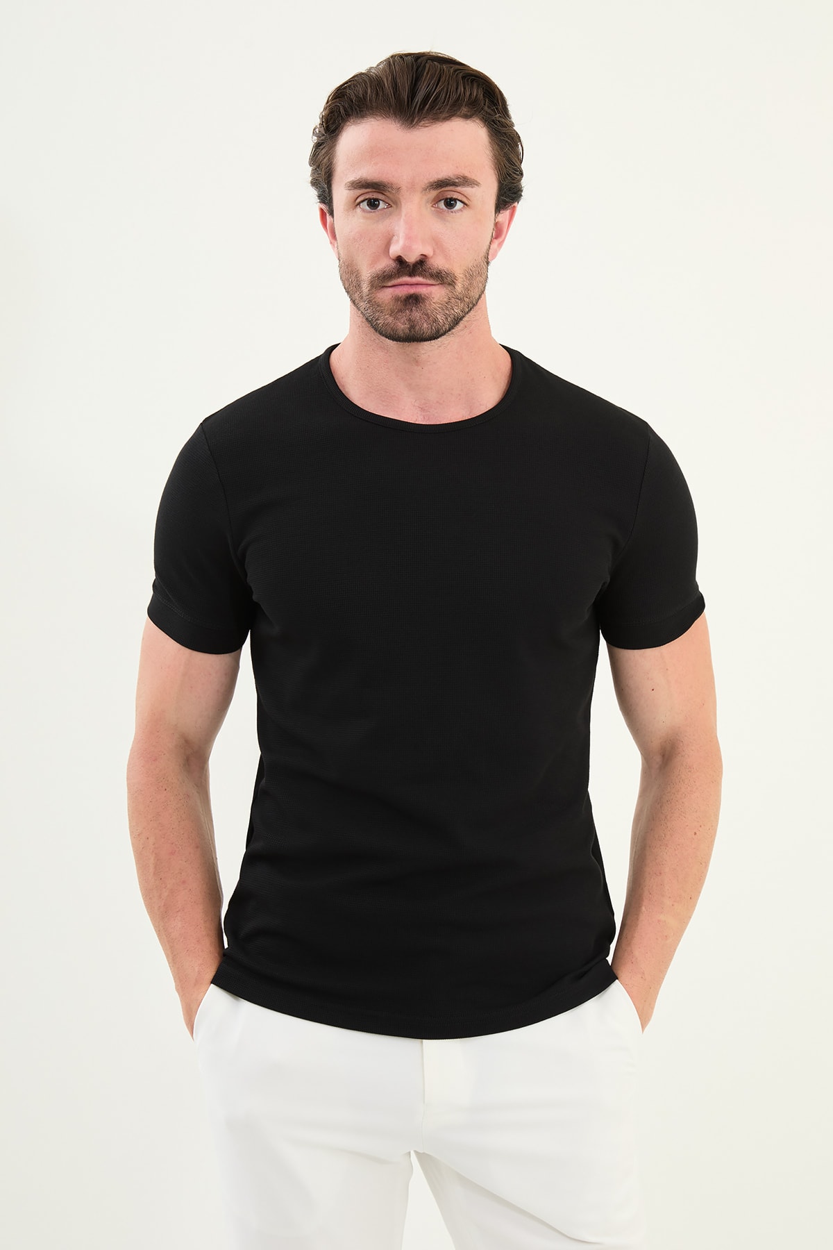 Desenli Slim Fit Kısa Kollu Pamuk Erkek T-Shirt - Siyah