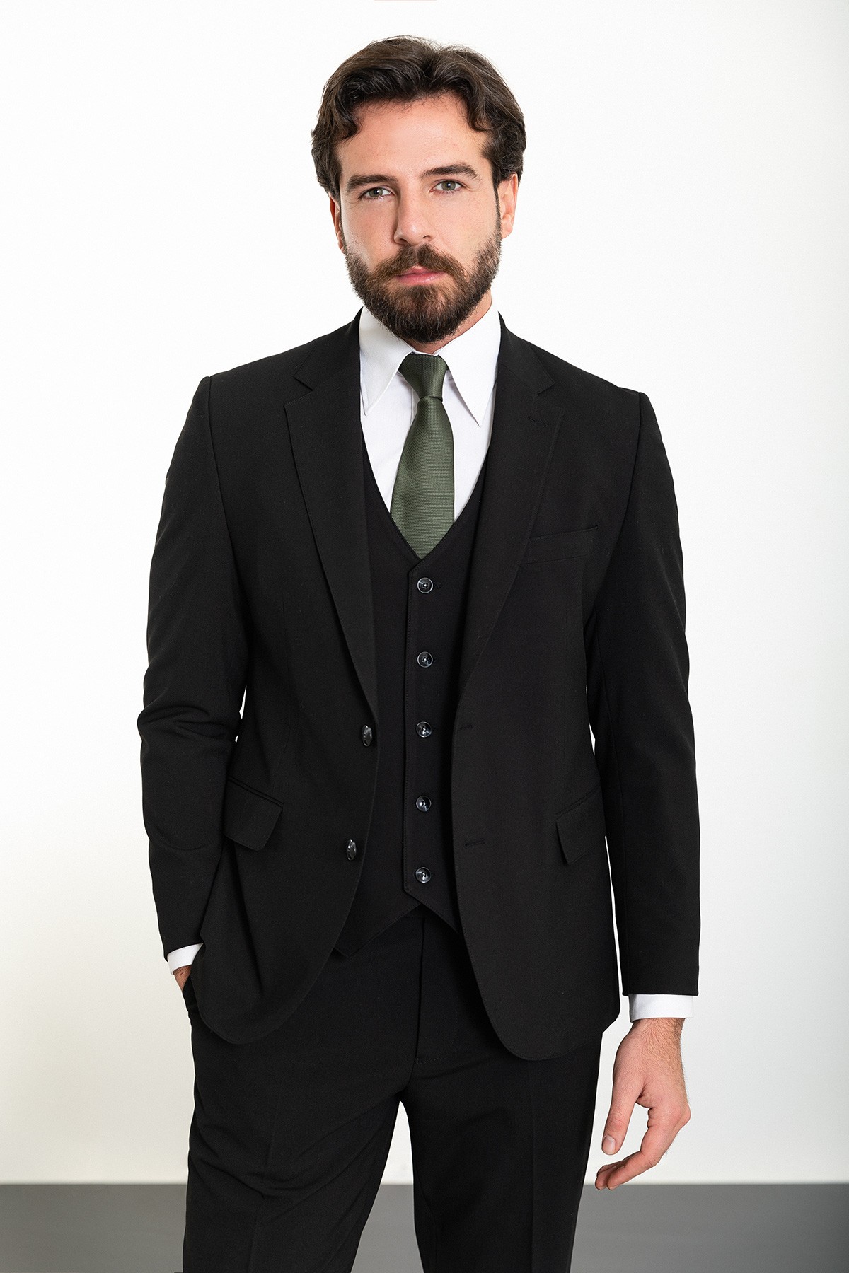 Düz Slim Fit Mono Yaka 4 Drop Klasik Erkek Takım Elbise - Siyah