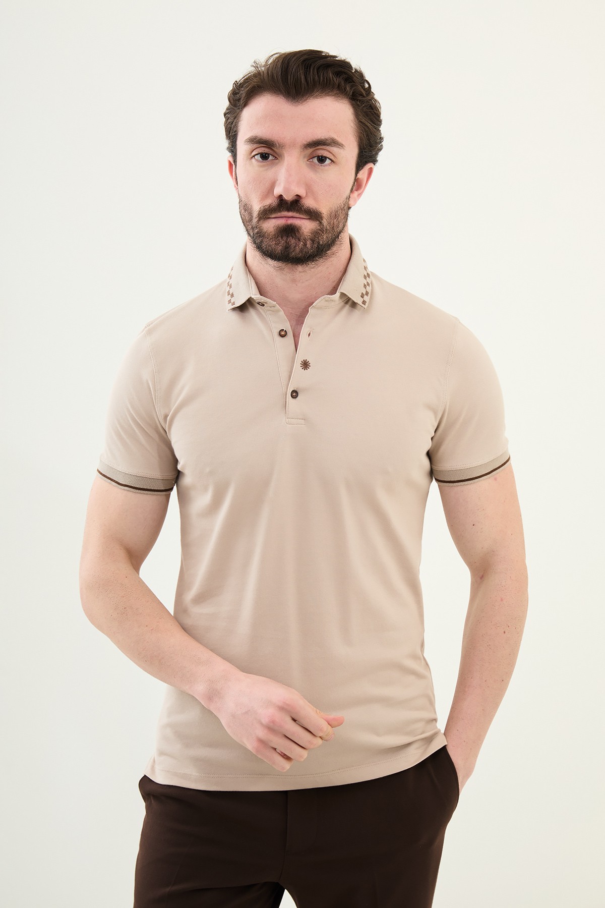 Düz Slim Fit Polo Yaka Pamuk Erkek T-Shirt - Bej