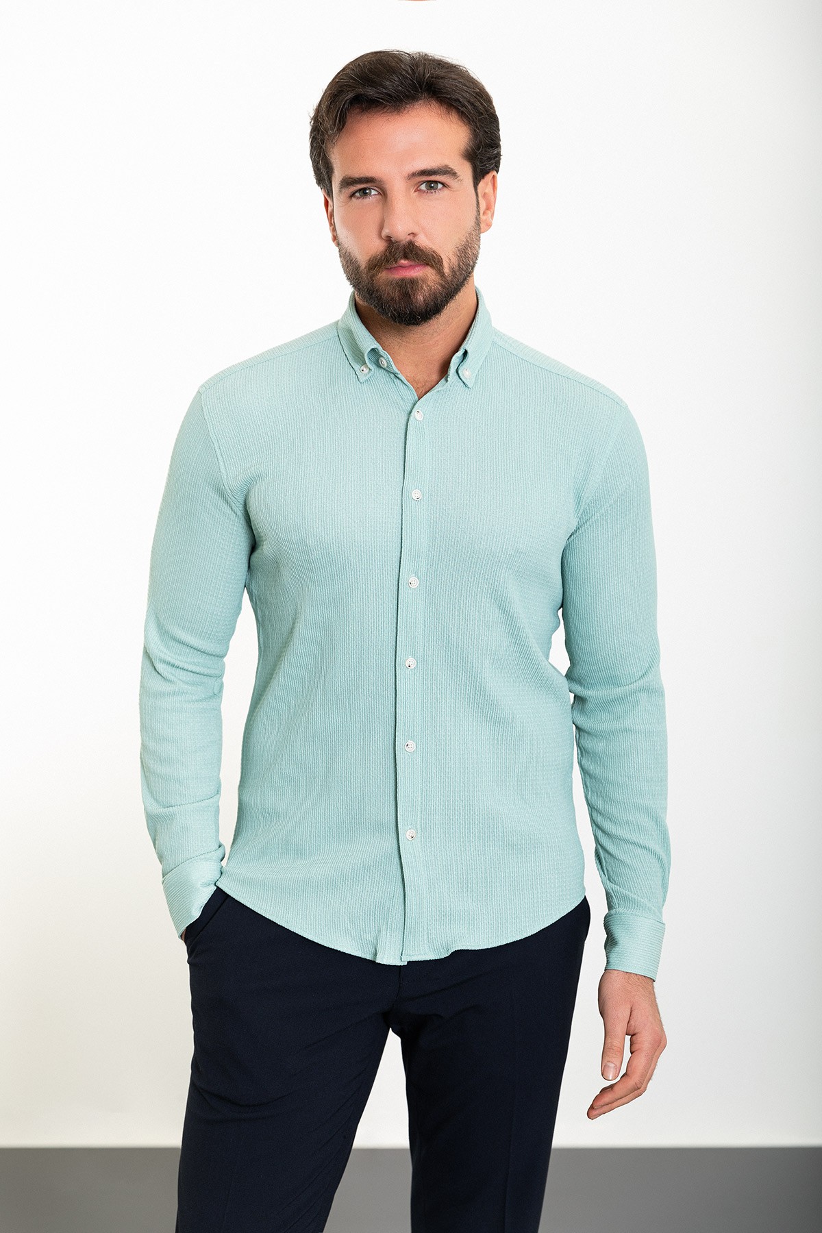Çizgili Slim Fit Uzun Kollu Gofre Erkek Gömlek - Açık Yeşil