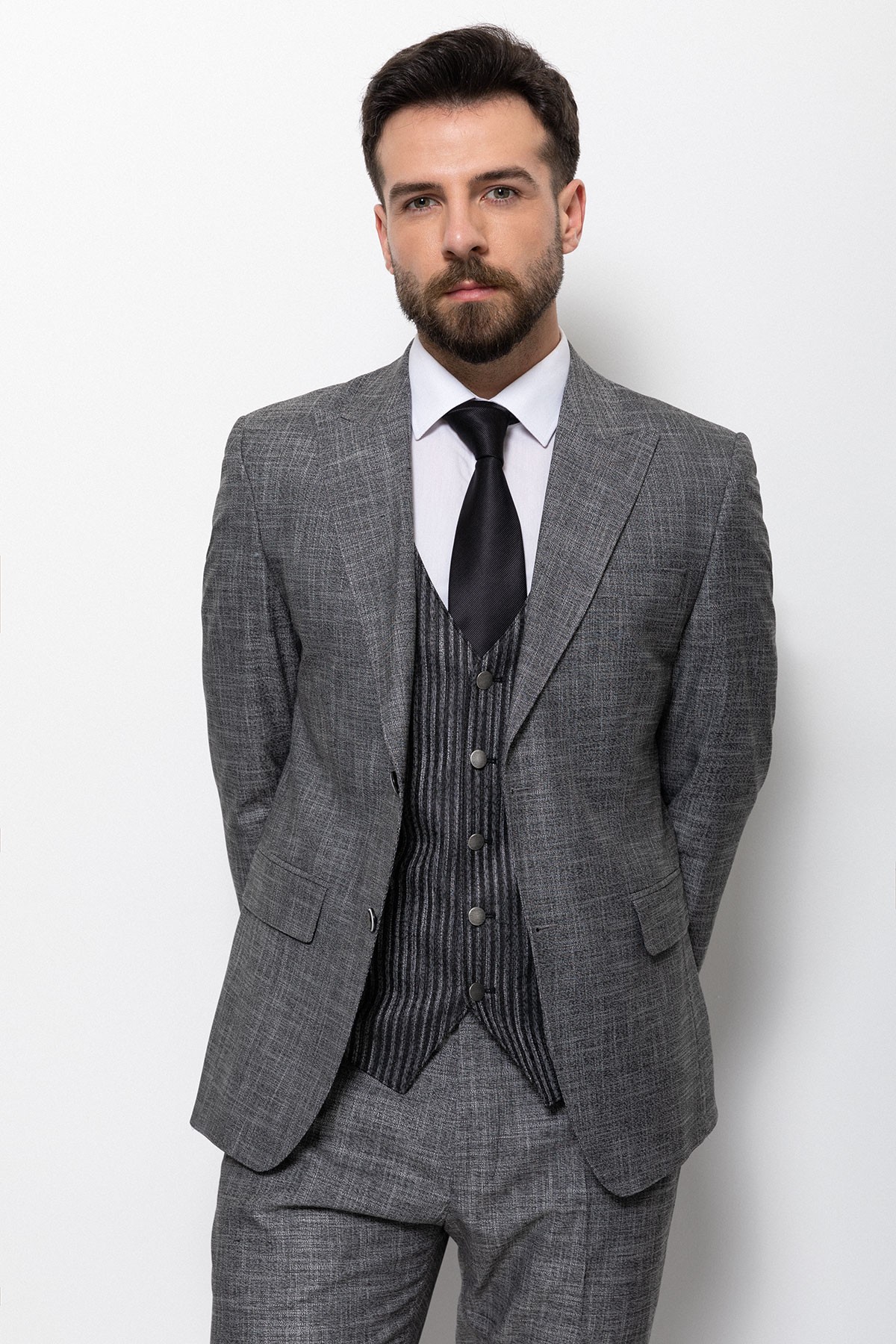 Kırçıllı Slim Fit Kırlangıc Yaka Erkek Takım Elbise