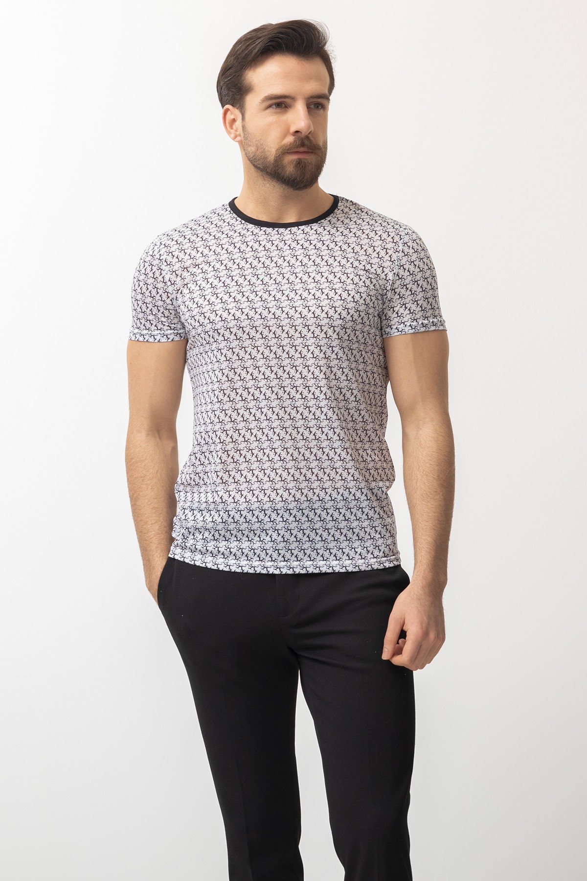 Desenli Slim Fit Bisiklet Yaka Erkek T-Shirt