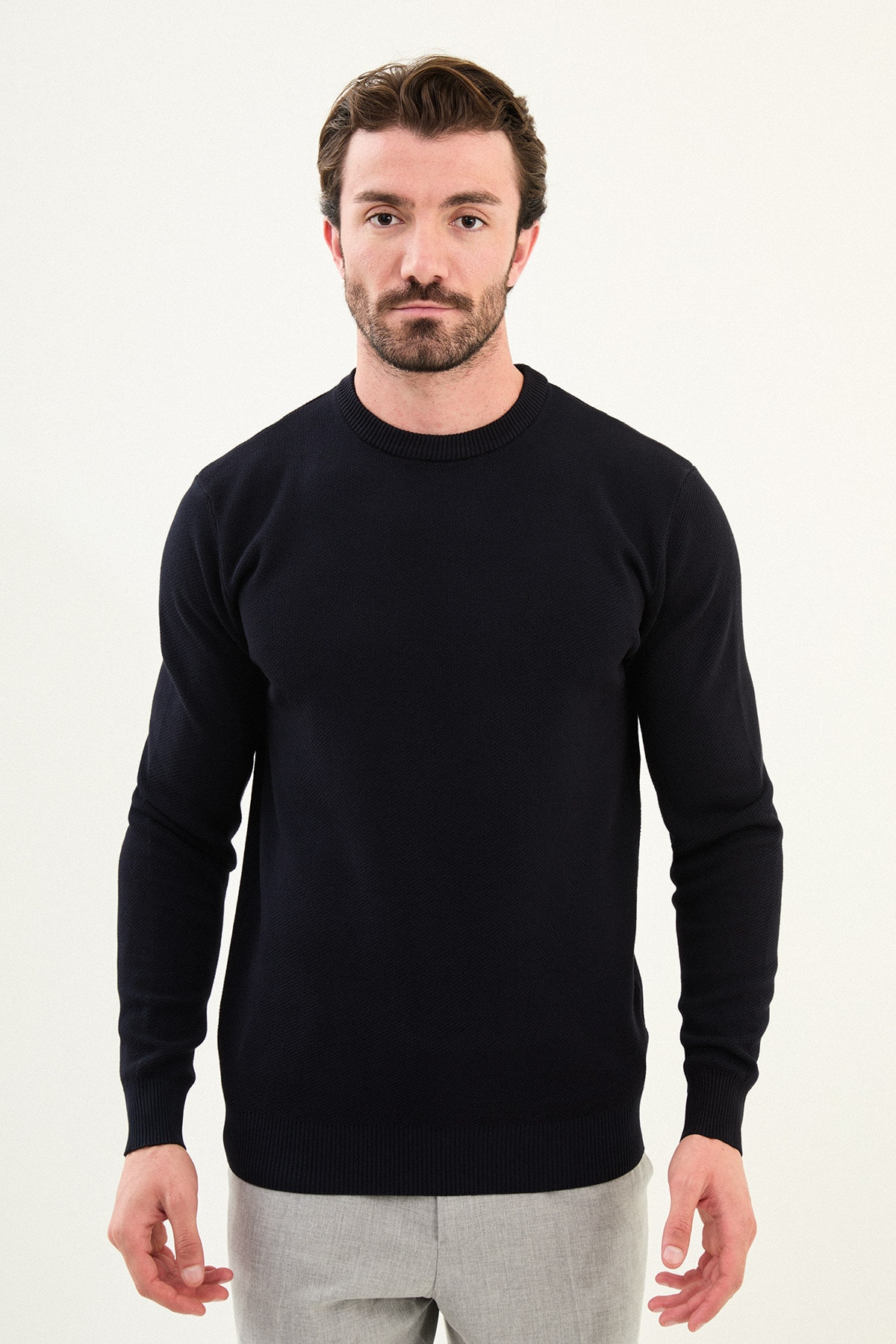 Desenli Slim Fit Bisiklet Yaka Erkek Kazak - Lacivert