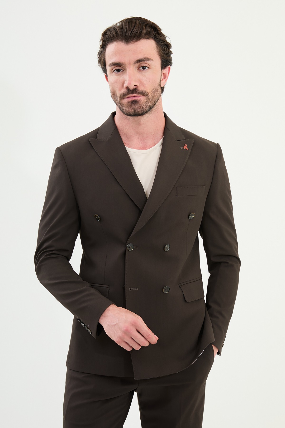 Düz Slim Fit Geniş Yaka Kruvaze Erkek Takım Elbise - Kahverengi