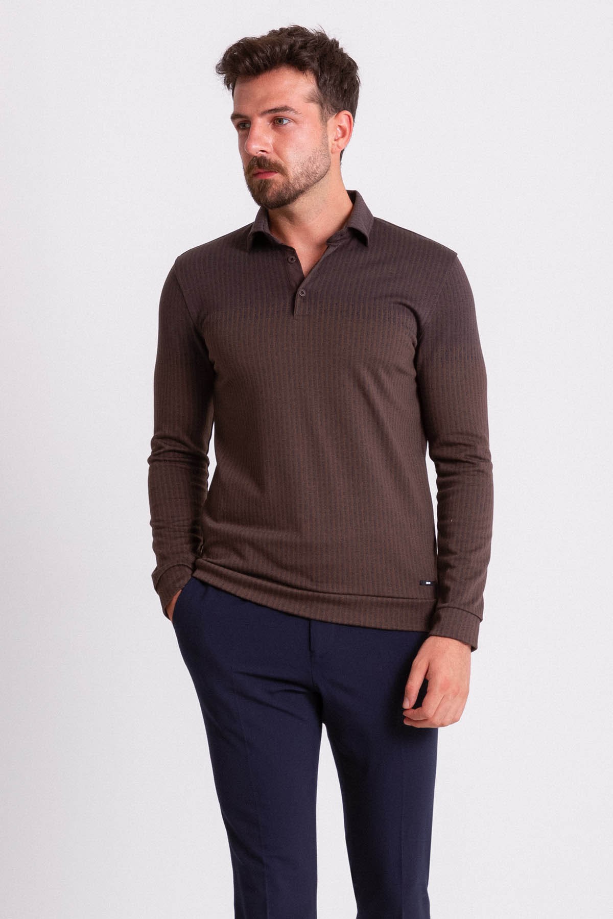 Çizgili Parçalı Slim Fit Uzun Kollu Polo Yaka Erkek T-Shirt