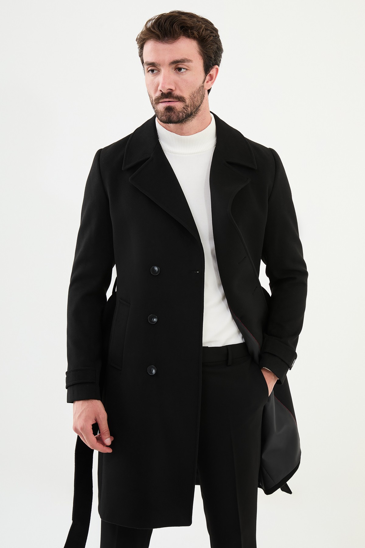 Düz Slim Fit Geniş Yaka Kuşaklı Kruvaze Kaşe Uzun Erkek Kaban