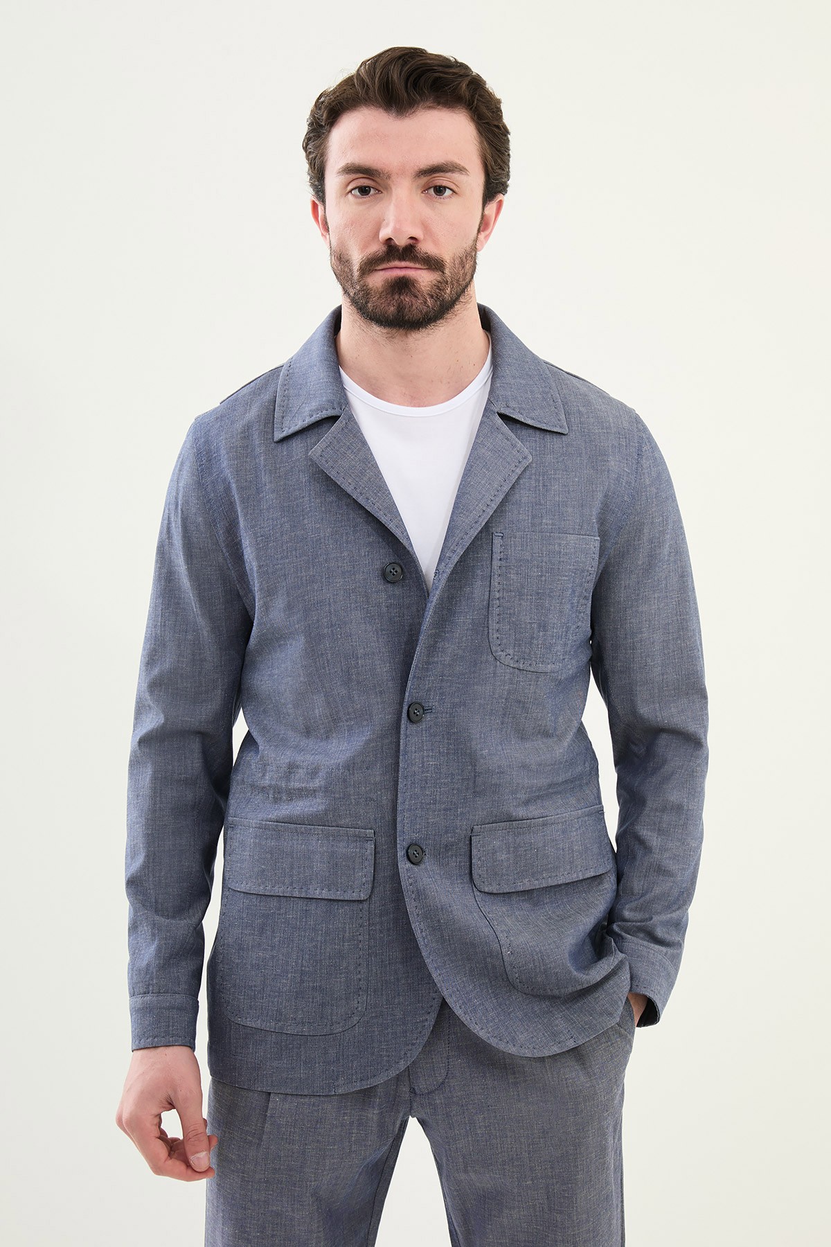 Düz Slim Fit Torba Cep Apaç Yaka Keten Erkek Trenchcoat