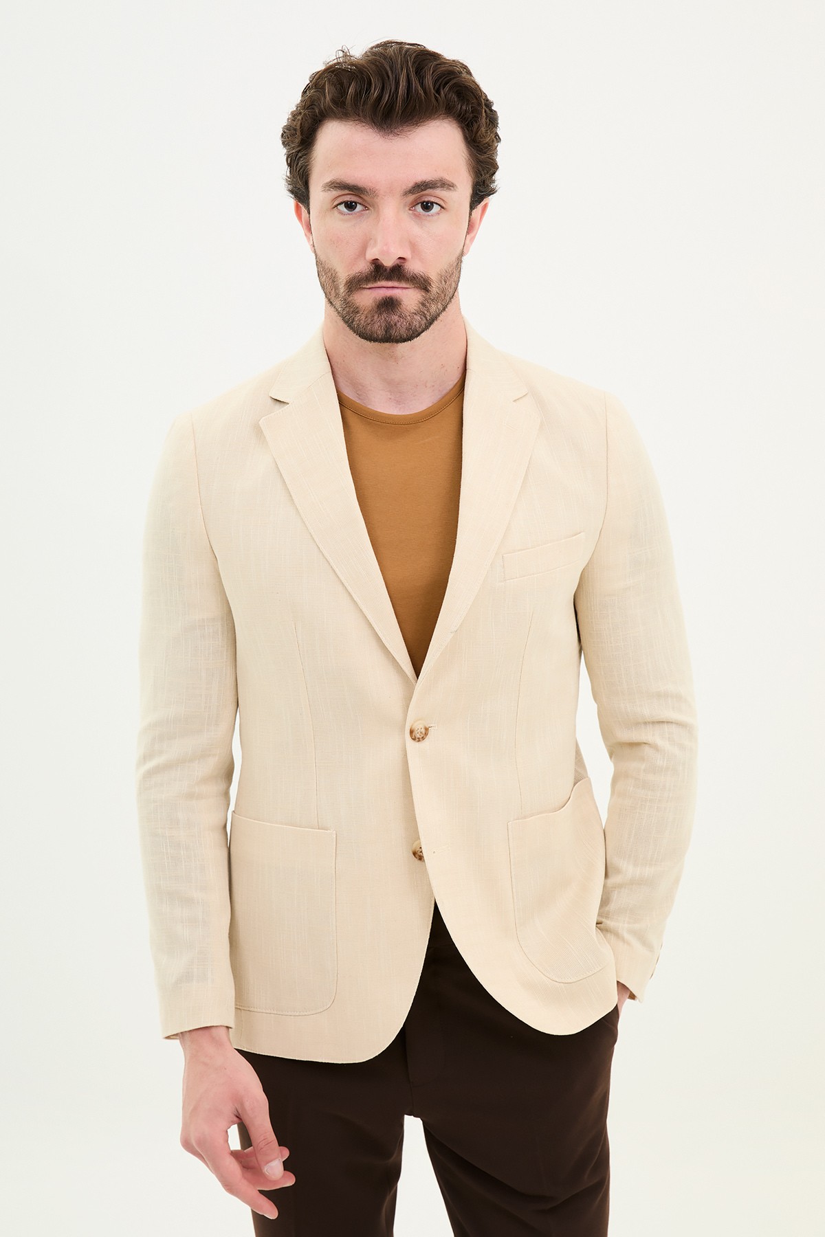 Desenli Slim Fit Torba Cep Keten Erkek Ceket