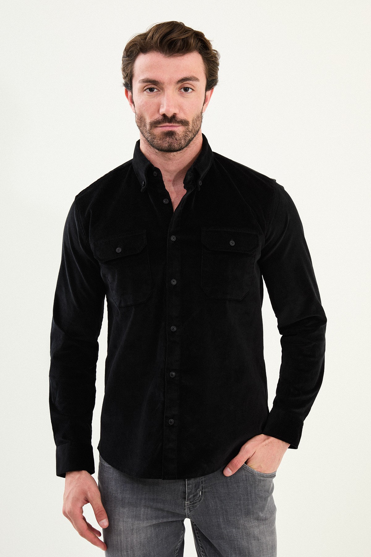Düz Slim Fit Uzun Kollu Kadife Erkek Gömlek - Siyah