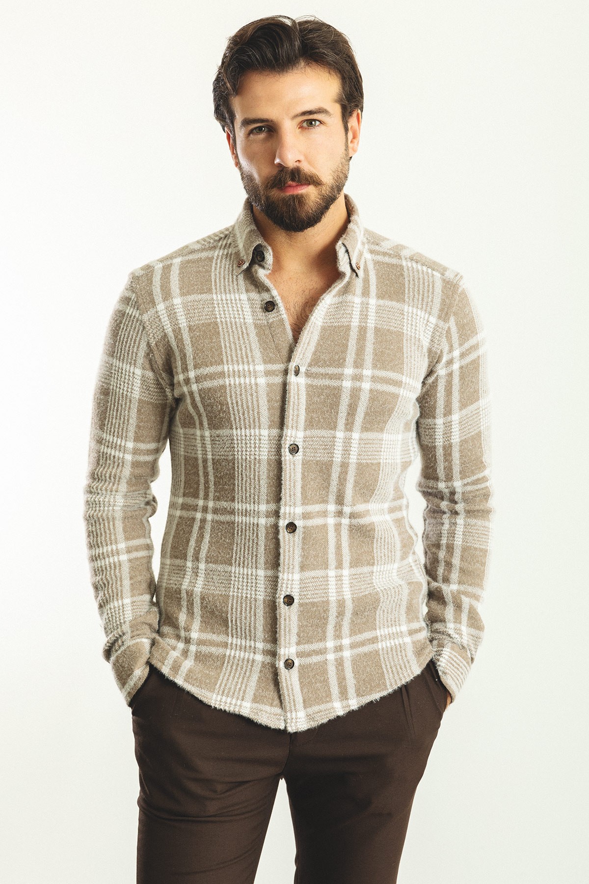 Ekoseli Slim Fit Yün Oduncu Erkek Gömlek - Bej-Ekru