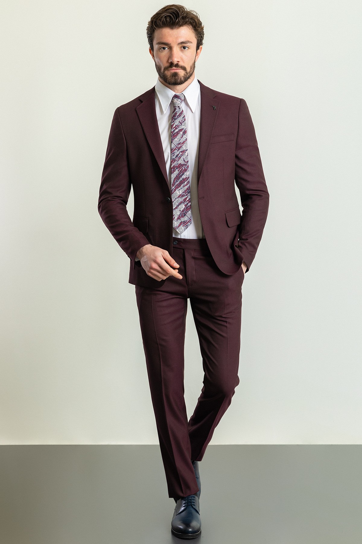 Düz Slim Fit Mono Yaka Keten Erkek Takım Elbise